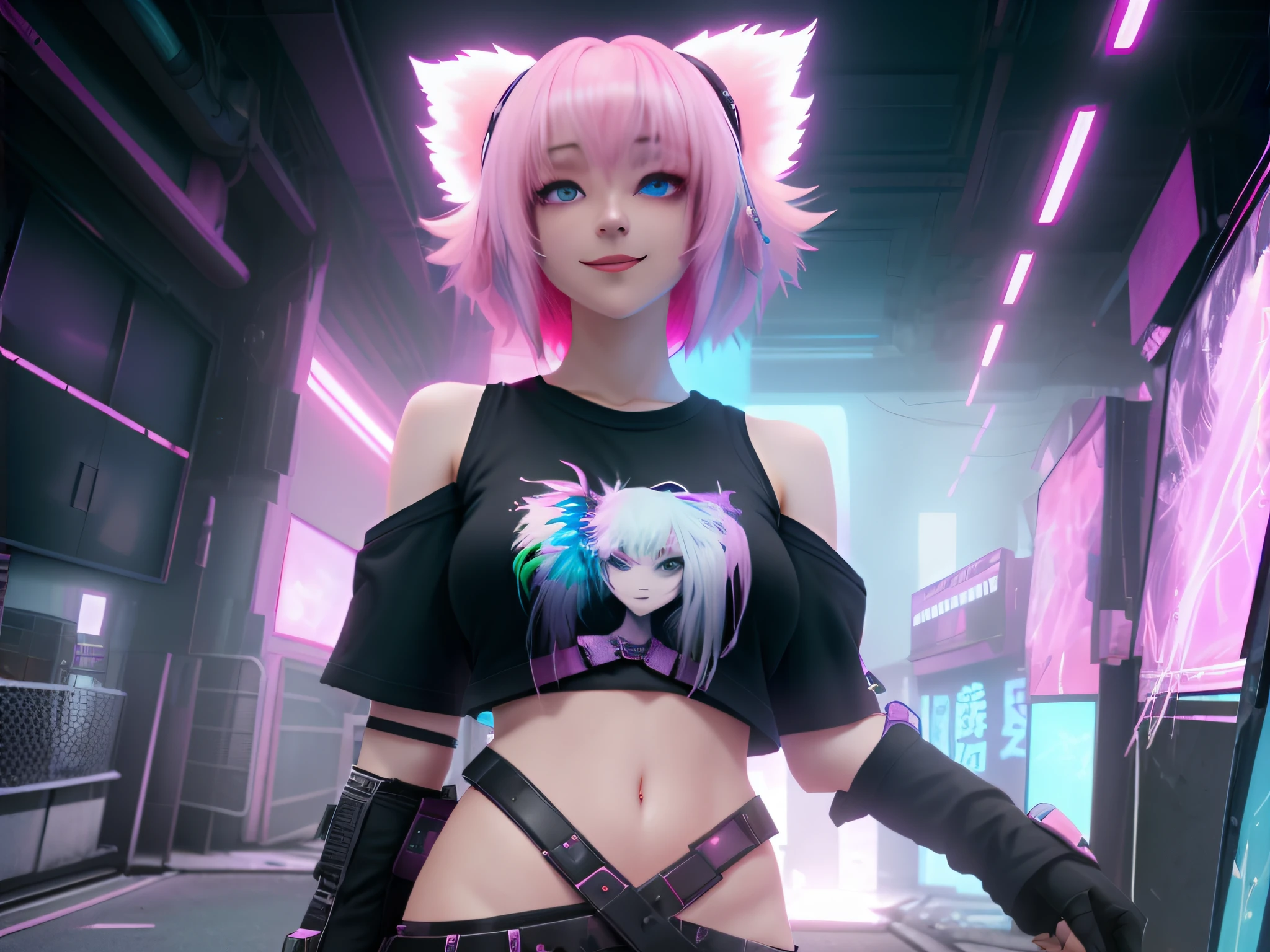 anime girl with pink hair and blue eyes in a dark alley, anime style. 8k, anime style 4 k, anime girl with cat ears, cyberpunk anime girl, anime styled 3d, digital cyberpunk anime art, beautiful anime catgirl, anime catgirl, digital cyberpunk - anime art, render of a cute 3d anime girl, female cyberpunk anime girl