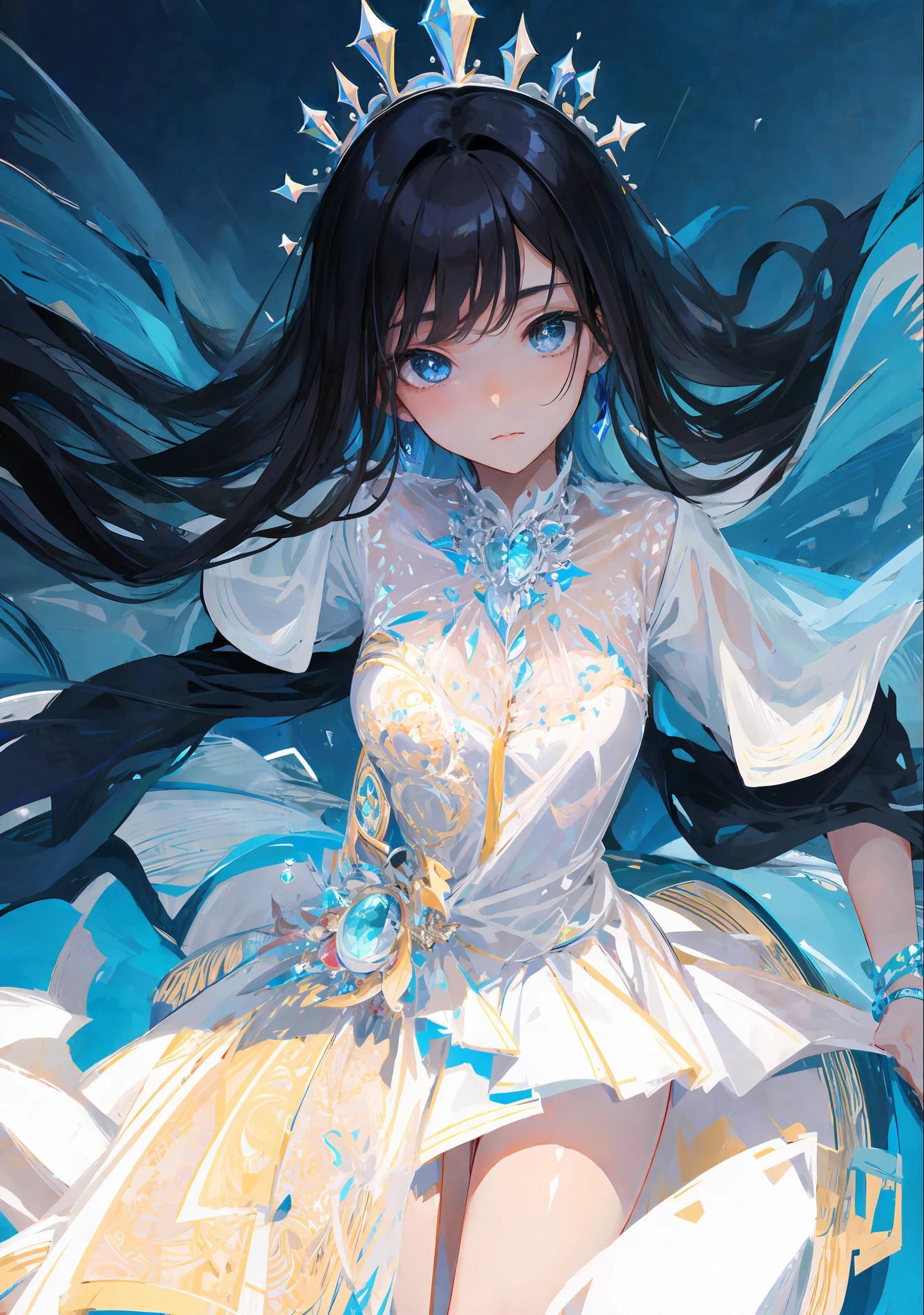 ((Masterpiece, Superb, Super Detailed, High Resolution)), solo, beautiful girl, sparkling eyes, perfect eyes, , black and white gold theme,