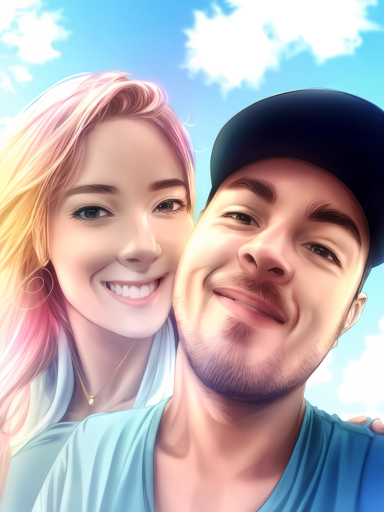 man and woman smiling and posing for a photo, anime style, detailed