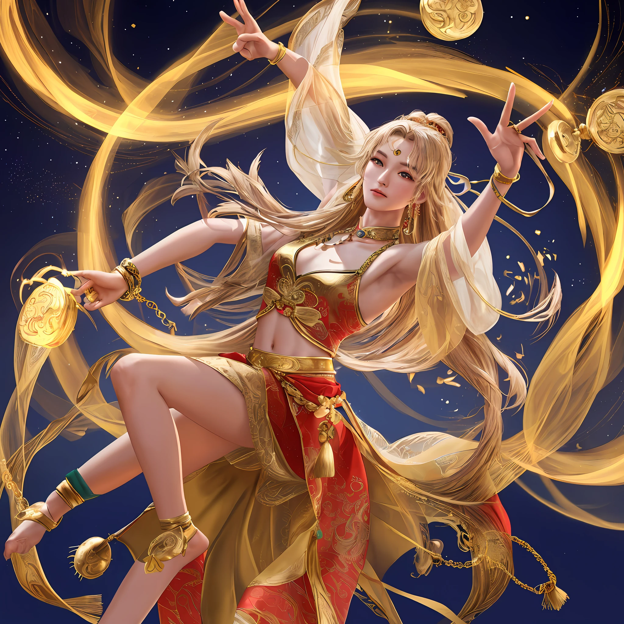 Men, (8k, 4k, highest quality, masterpiece: 1.2), (high profile CG wallpaper included), (1 male: 1.5), Cute Man, Perfect Looking Man, Bodhisattva, Bodhisattva Posture, Man, Beautiful Face, Red Dot on Forehead, Pale Skin, Blush, Big Eyes, Whole Body, Open Navel Chain, Gold Waist Chain, Gold Jewelry, Circle Ribbon, Flying Ribbon, Particles, Loulan Ancient City Background, Ancient City Wall, Desert, Dance, Traditional Chinese Costume with Spectacular Costume, Navel Show, Bare Shoulder Show, Open Neck, Cuff, Ankle Bangle, Metal Chain Tassel Around Waist, Navel Piercing