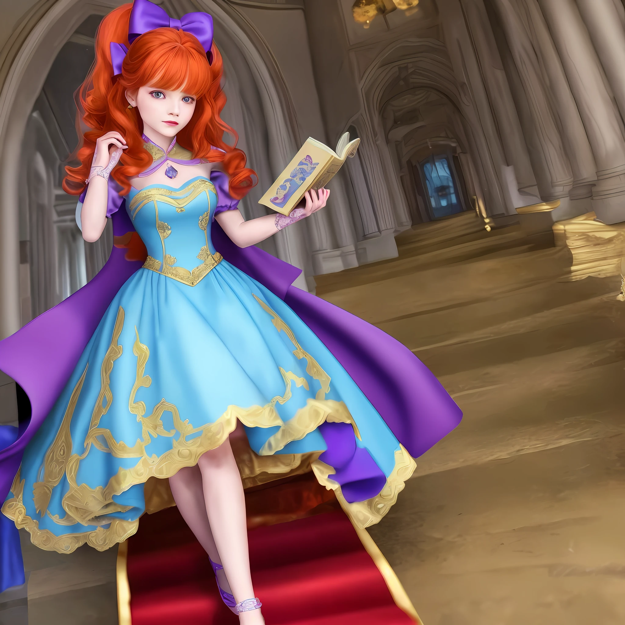 A princess holding a book in her hands. With her red hair and a bow in purple and yellow, eyes in red and orange, walking through the hall of her castle, wearing her dress in yellow and blue with an overcoat covering her shoulders. Super detailed, realistic, in 8k and in arstation mode.