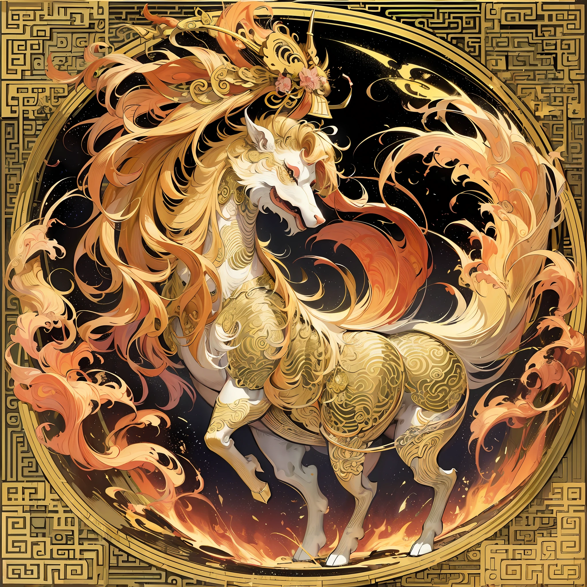 (mythical creature, ancient Chinese art style) golden unicorn (long mane) close-up, (smooth, golden splendor), ashura (Chinese mythology), (inspired by Puhua) ink flower, (flat sticker style), no background, a creature, 2D --auto --s2