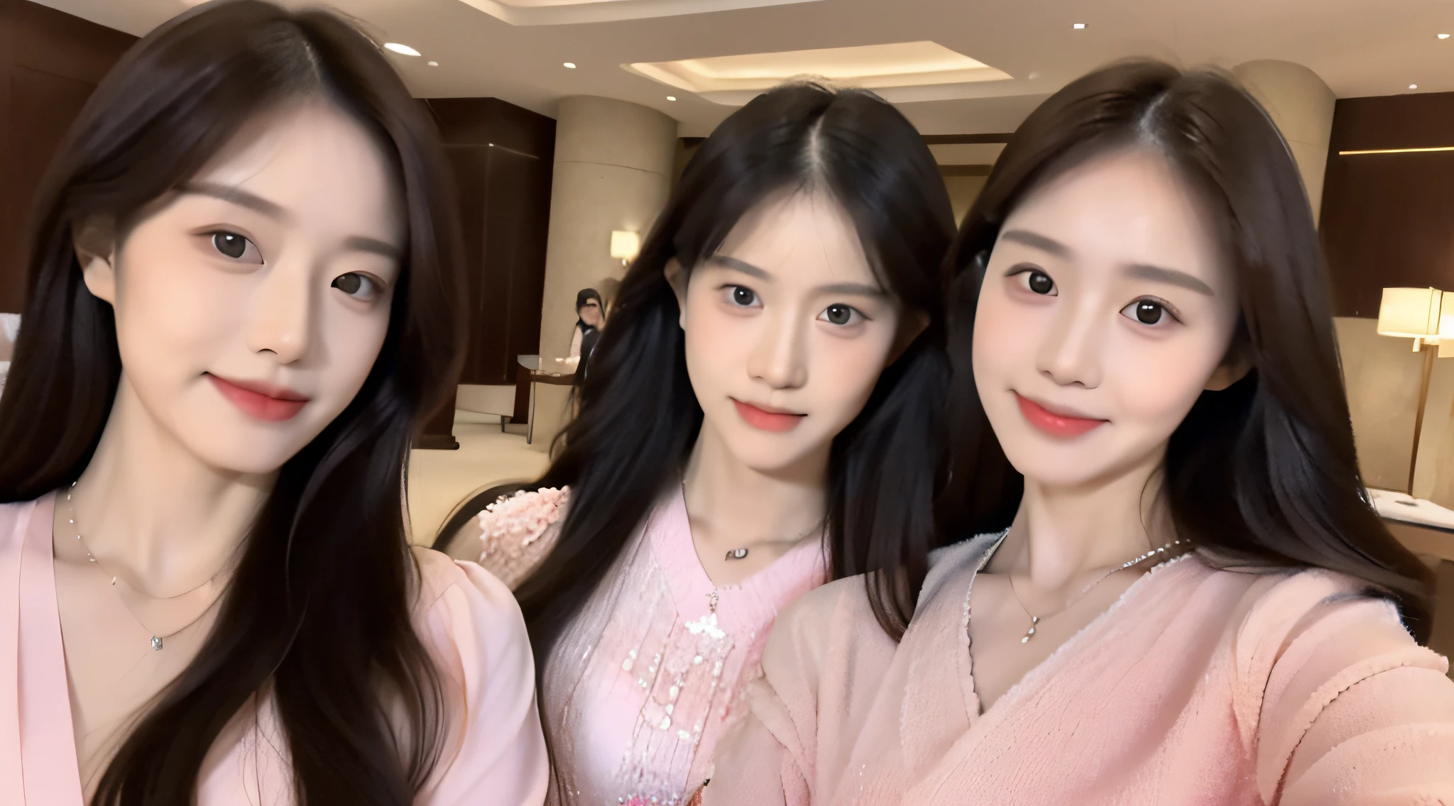 ((Best Quality, 8K, Masterpiece:1.3)), Focus:1.2, Perfect Body Beauty:1.4, ((Delicate Long Hair)), (Pink Ruili Clothes:1.1), (Hotel Lobby, 2 women giving birth on sofa Giving birth, highly detailed facial and skin texture, Delicate eyes, Double eyelids, big breasts, whitened skin, smile, wearing necklaces, delicate clothes,