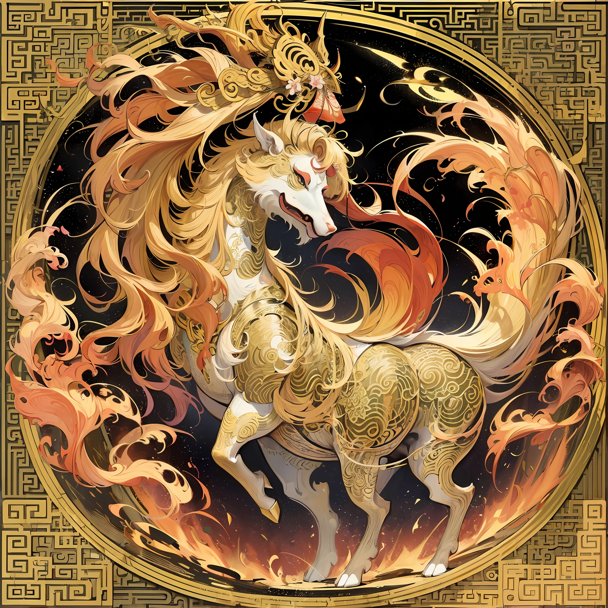 (mythical creature, ancient Chinese art style) golden unicorn (long mane) close-up, (smooth, golden splendor), ashura (Chinese mythology), (inspired by Puhua) ink flower, (flat sticker style), no background, a creature, 2D --auto --s2