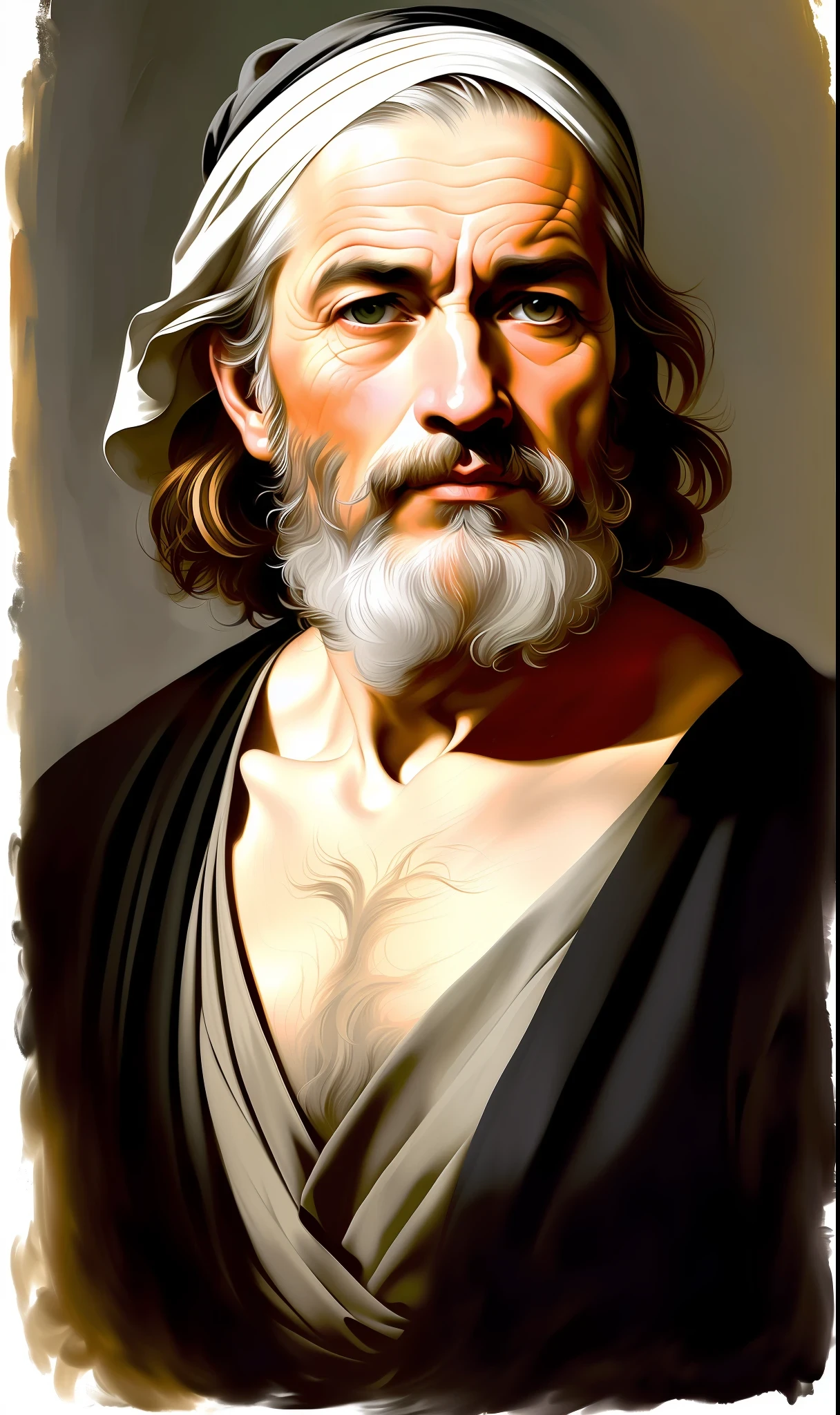 A beautiful ultra-thin realistic portrait of Isaiah, the prophet, an old Hebrew, long gray hair, long gray beard, wearing a striped tunic of black and beige, holding a staff, in front view, full body, biblical, realistic, intricate details, by Abbott Fuller Graves, Bartolome Esteban Murillo, J.C. Leyendecker, Craig Mullins, Peter Paul Rubens, (Caravaggio), Trend in Artstation, 8K, Concept Art, Fantasy Art, PhotoRealistic, Realistic, Illustration, Oil Painting, Surrealism, HyperRealistic, brush brushes, Digital art, style, watercolor