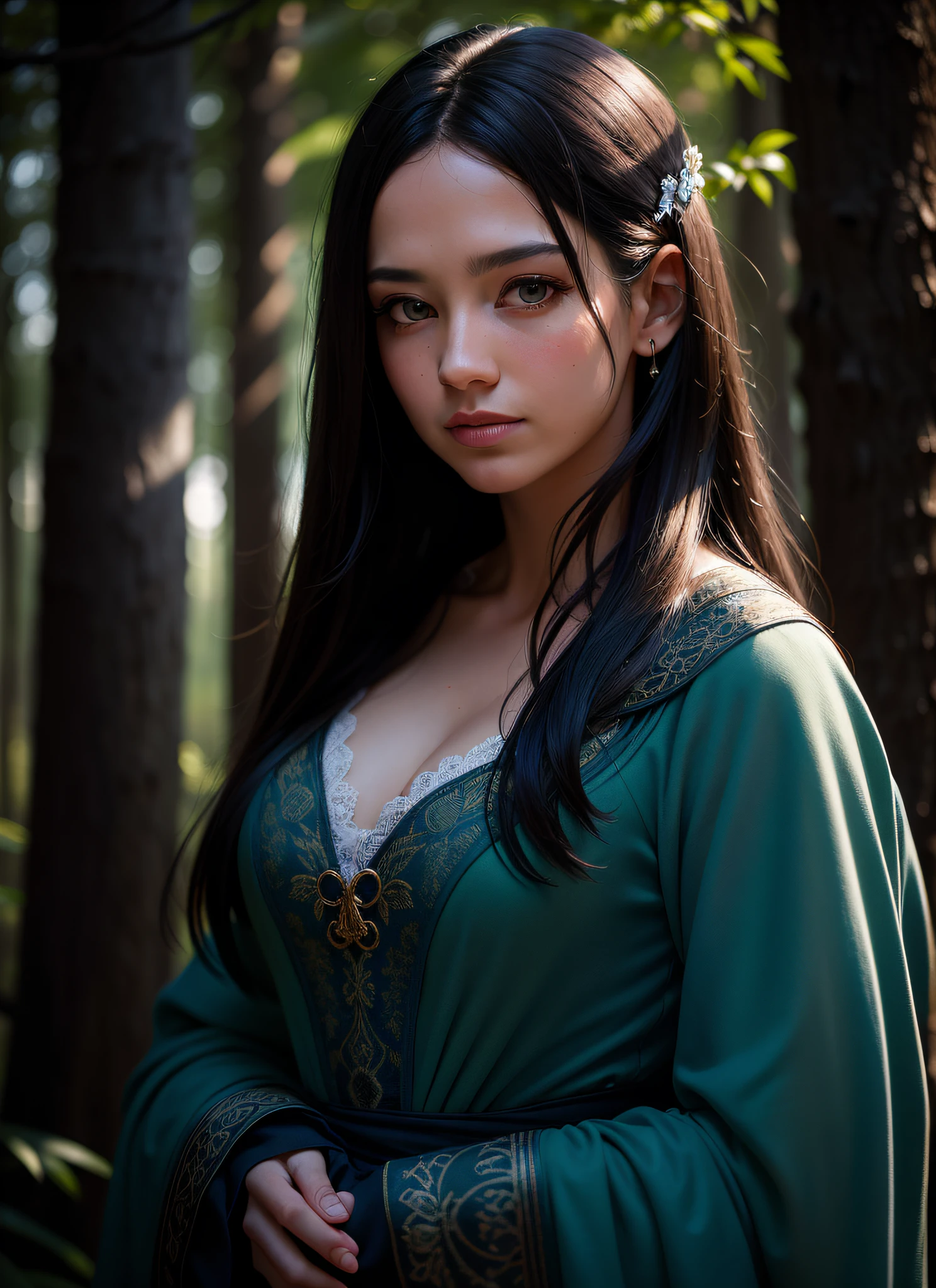 epic realistic, (dark shot:1.4), 80mm, Create a portrait of a woman with long, dark hair. She has a mysterious expression, gazing at the viewer with a slight tilt of her head. She is simply dressed, with an arm wrapped around a tree branch that also resembles a brain cell. The background features a forest of blue, impressionistic leaves, with an eerie white light shining through and a gradient shadow on the top part of the woman's face. Use a backlighting effect to add depth to the image. impressionistic painting style, john singer sarget, anders zorn, blue pallette, wider show with more background and forest, (natural skin texture, hyperrealism, soft light, sharp:1.2), soft light, sharp, exposure blend, medium shot, bokeh, (hdr:1.4), high contrast, (cinematic, teal and orange:0.85), (muted colors, dim colors, soothing tones:1.3), low saturation, (hyperdetailed:1.2), (noir:0.4), (intricate details:1.12), hdr, (intricate details, hyperdetailed:1.15), faded, (neutral colors:1.2), art, (hdr:1.5), (muted colors:1.1), (pastel:0.2), hyperdetailed, (artstation:1.4), warm lights, dramatic light, (intricate details:1.2), vignette, complex background, rutkowski,