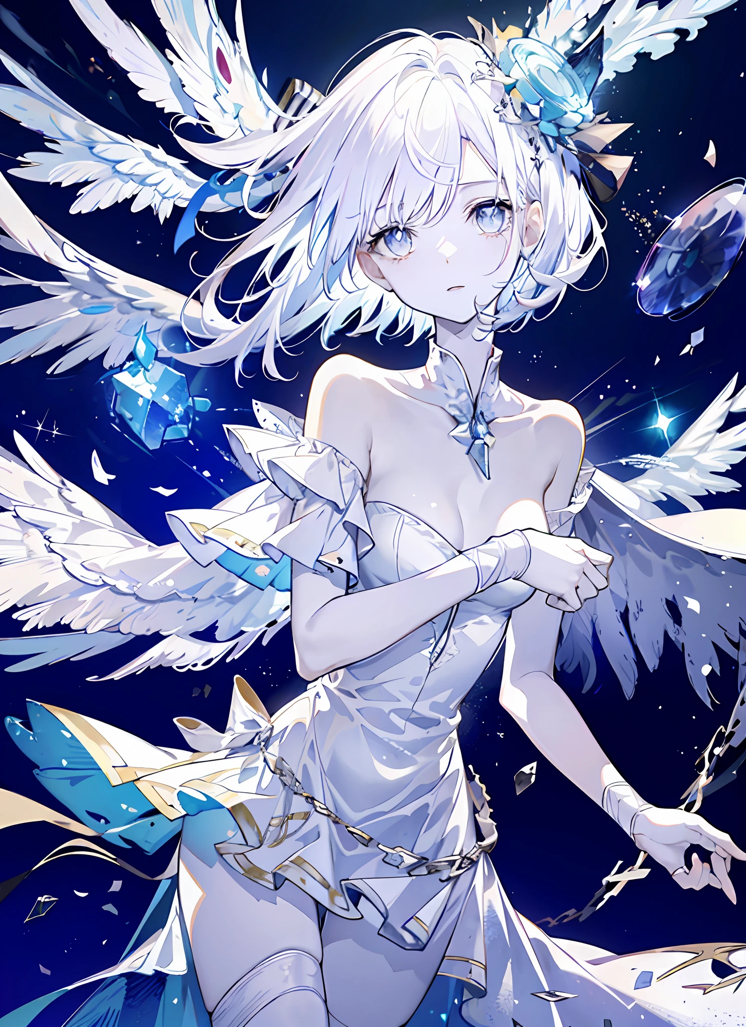 An angel is depicted with a pale and luminous complexion, their skin seemingly glowing with an otherworldly radiance. They are adorned with a pair of sparkling and graceful wings, symbolizing their divine nature. The scene is ethereal and enchanting, capturing the beauty and mystery of these celestial beings. angel, pale, luminous, complexion, glowing, otherworldly, radiance, sparkling, graceful, wings, divine, ethereal, enchanting, beauty, mystery.upper body,