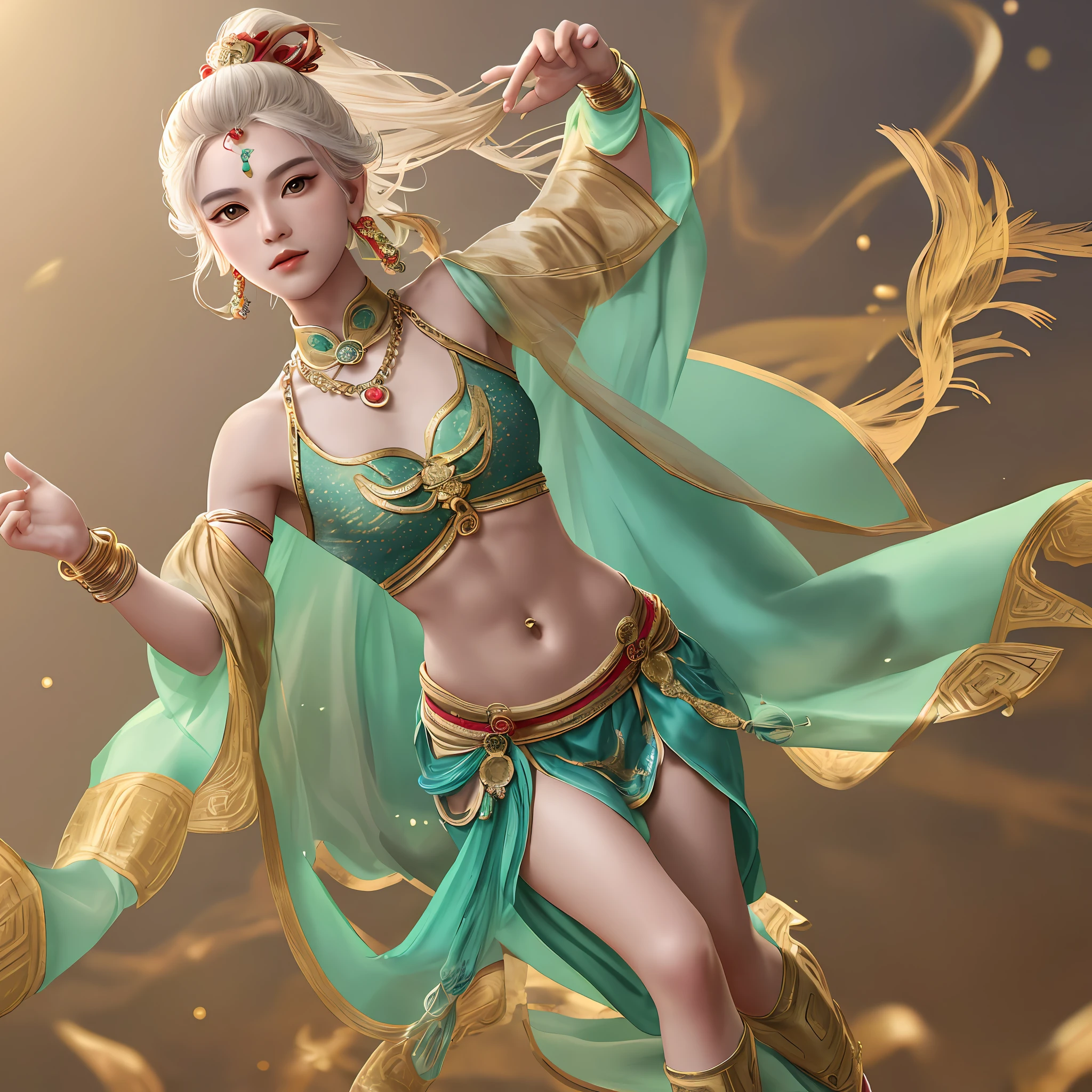 Men, (8k, 4k, highest quality, masterpiece: 1.2), (high profile CG wallpaper included), (1 male: 1.5), Cute looking man, Perfect looking man, Bodhisattva, Bodhisattva posture, Man, Beautiful looking, Red dot on forehead, Pale skin, Big eyes, Thin waist, Open navel, Gold waist chain, Gold jewelry, Circle ribbon, flying ribbon, Particles, Loulan ancient city background, Ancient city wall, desert, dance, traditional Chinese costume with gorgeous costume, navel show, bare shoulder show, open neck, arm cuff, ankle bracelet, metal chain tassel around waist, navel piercing