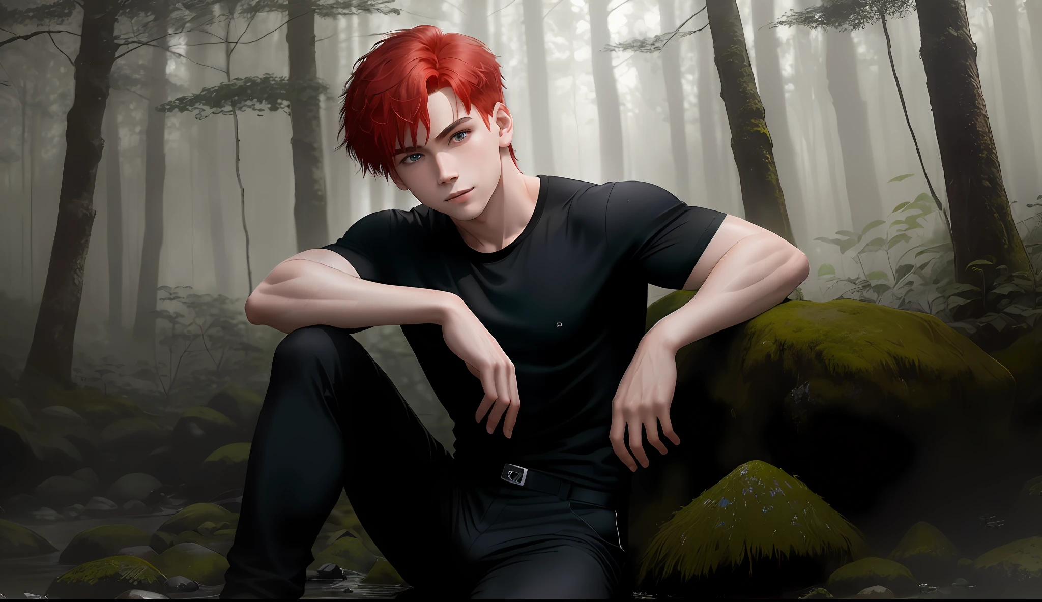 A young boy with white skin, short red hair, anime hair, straight hair, red hair hair, wavy hair, slin body, fitness body, strong body, sitting in a forest, fierce blue eyes, smiling, black clothes (black shirt and black pants),serious look, lighting, realistic lighting, Radiosity, particle rain, realistic particles, Close UP.