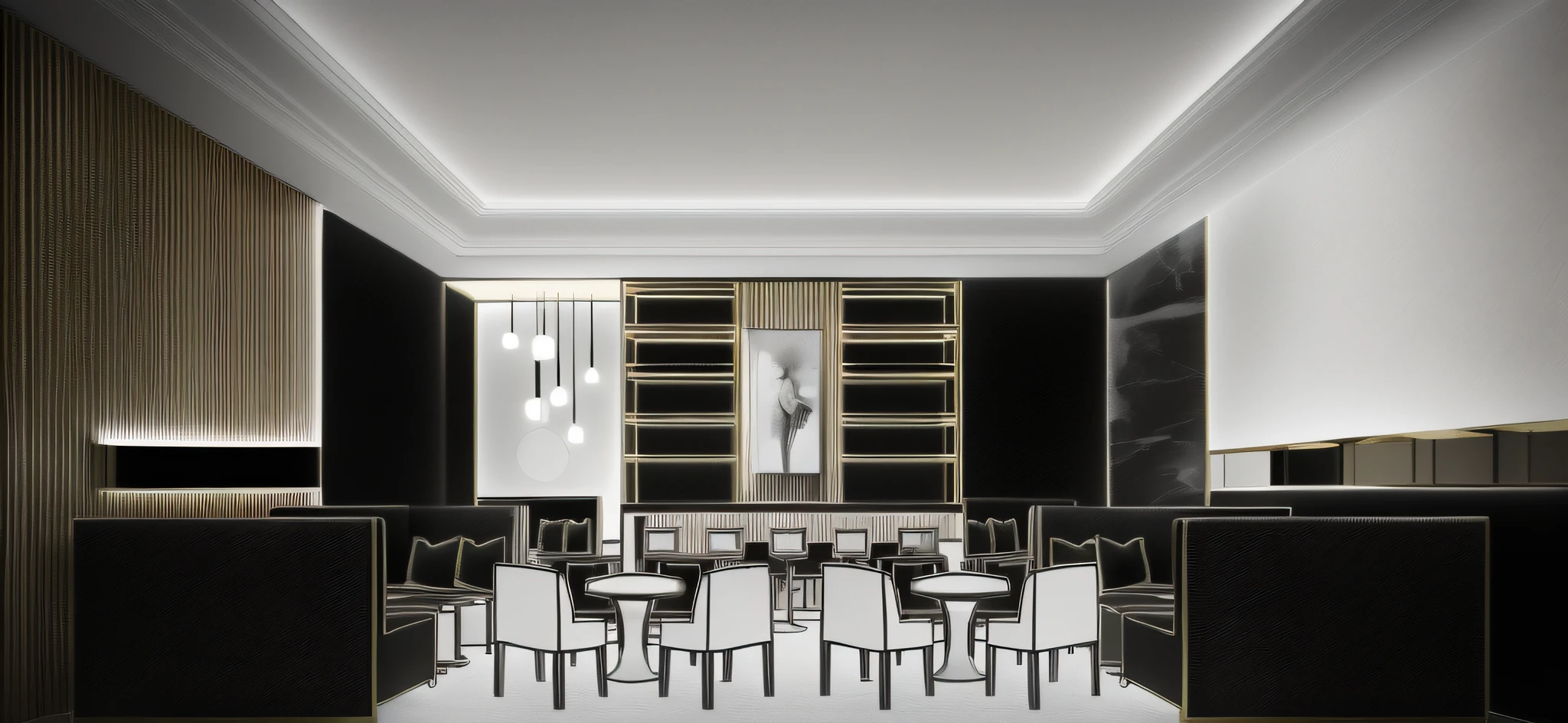 a drawing of a dining room with a table and chairs, an illustration of a bar/lounge, concept drawing, detailed rendering, a digital rendering, detailed renderings, conceptual rendering, comprehensive 2 d render, digitally drawn, digital rendering, dining room, rendering of checkmate, black and white scheme, architectural rendering, concept illustration, interior design details