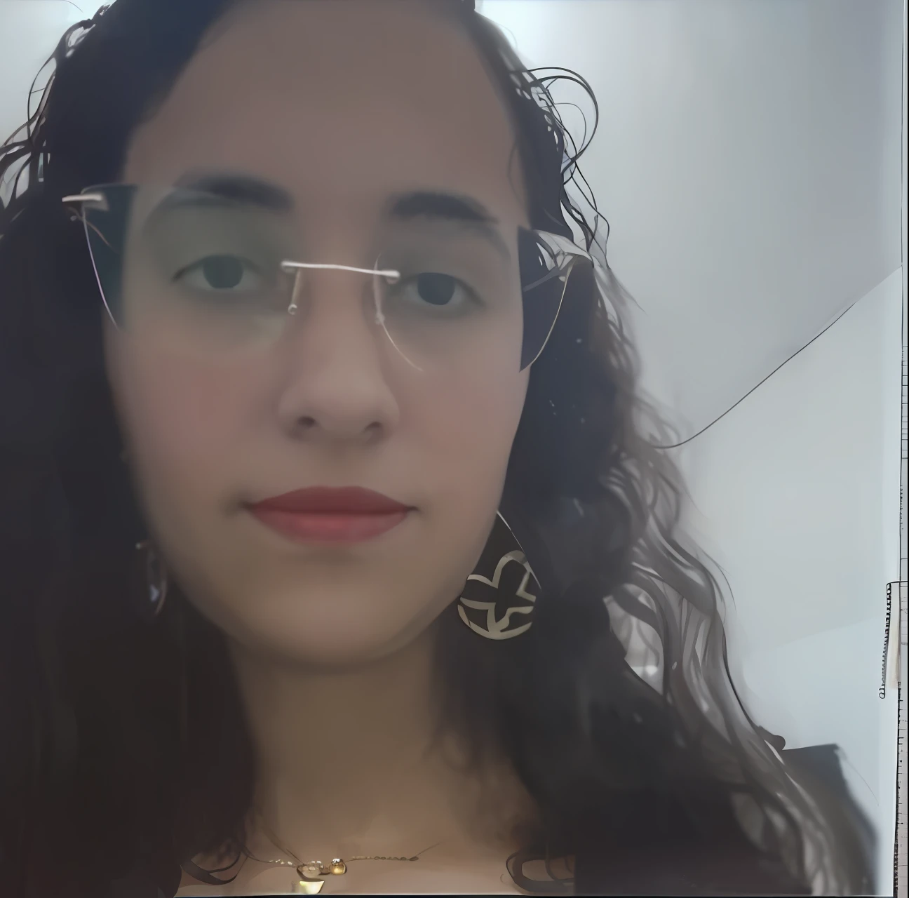 there is a woman with glasses and a necklace on her neck, frontal photo, looks fabiula nascimento, very low quality image, by Nándor Katona, low quality photo, realistic photo, profile picture, alanis guillen, fernanda suarez, woman of 30 years, woman of 3 0 years, of very low quality. Do it with full body