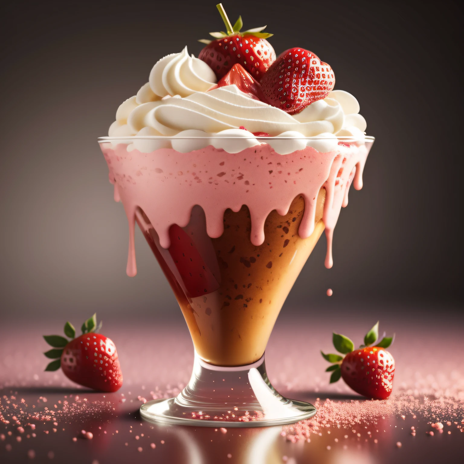 strawberry icecream sundae, photorealistic, high details, intricate, sharp focus, 8K, HD, Full-HD, Ultra-HD, Super-Resolution, Megapixel, subsurface scattering, edge lighting, rim light, rim lighting, best lighting, refreshing, lumen Reflections, screen space reflections, Post Processing, Post-Production, TXAA, De-Noise, shaders (COLOR FRUITFUSION:0.222) (BRTDRPP:1.122)( LIQUID SPLASH:0.444)