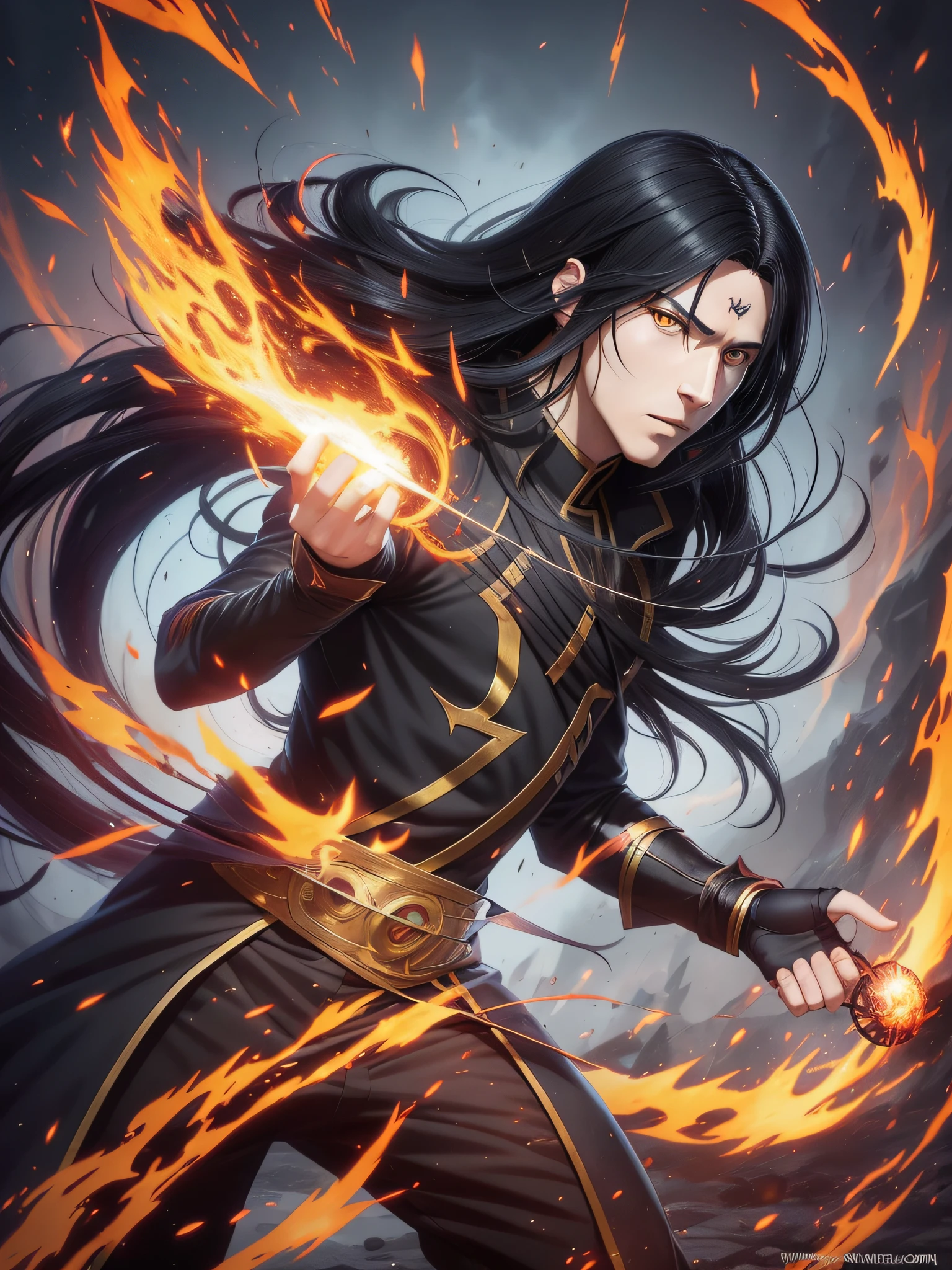 Anime character with black hair and long black hair and yellow eyes, throwing fire, casting a fire spell, fire behind him, handsome guy in demon slayer art, fire spell, fire magician, holy fire spell art, flame spell, black-haired magician, Jan J., graphic artist Magali Villeneuve, inspired by Yang Jin, epic fantasy art style
