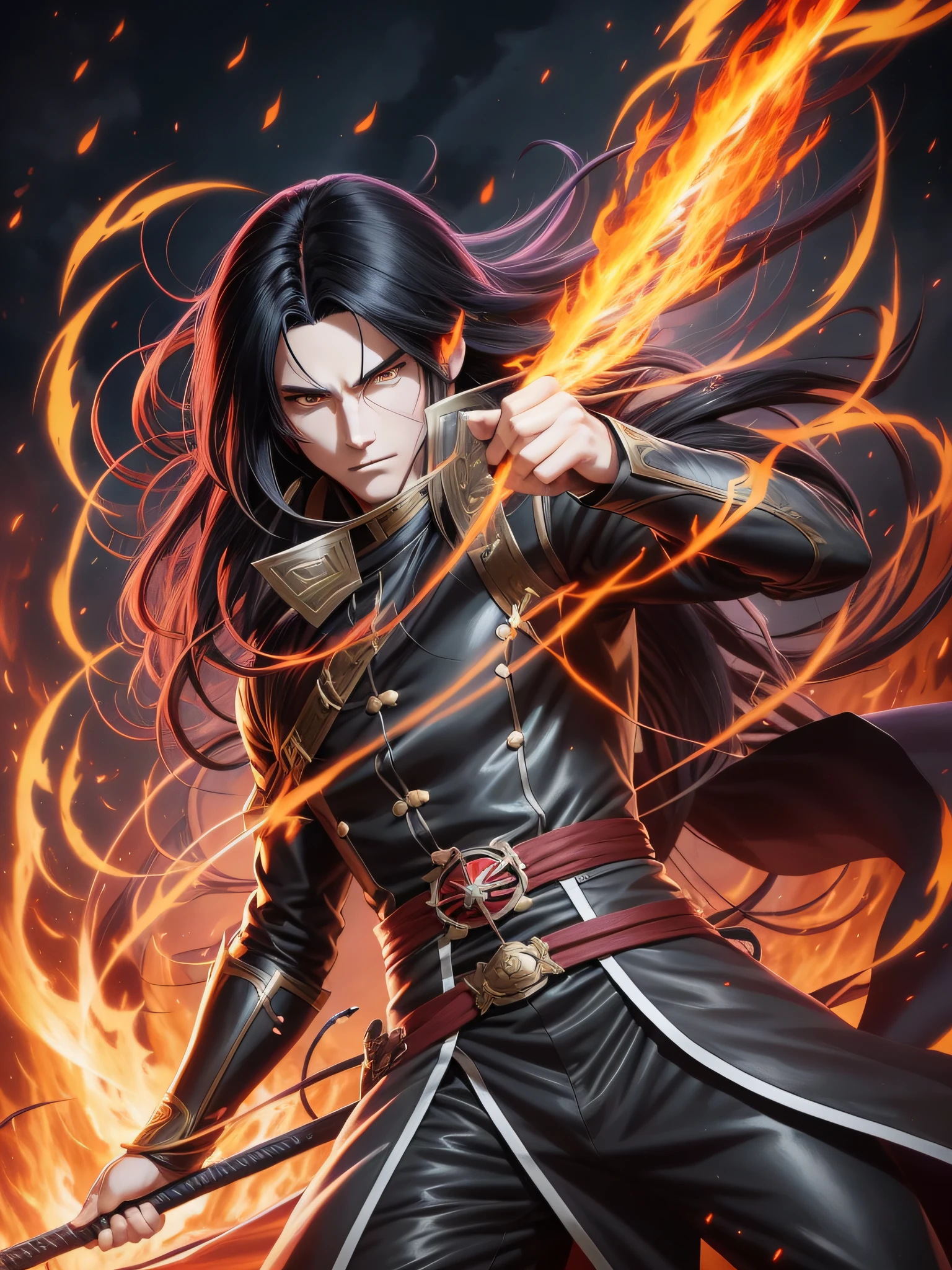 Anime character with black hair and long black hair and yellow eyes, throwing fire, casting a fire spell, fire behind him, handsome guy in demon slayer art, fire spell, fire magician, holy fire spell art, flame spell, black-haired magician, Jan J., graphic artist Magali Villeneuve, inspired by Yang Jin, epic fantasy art style