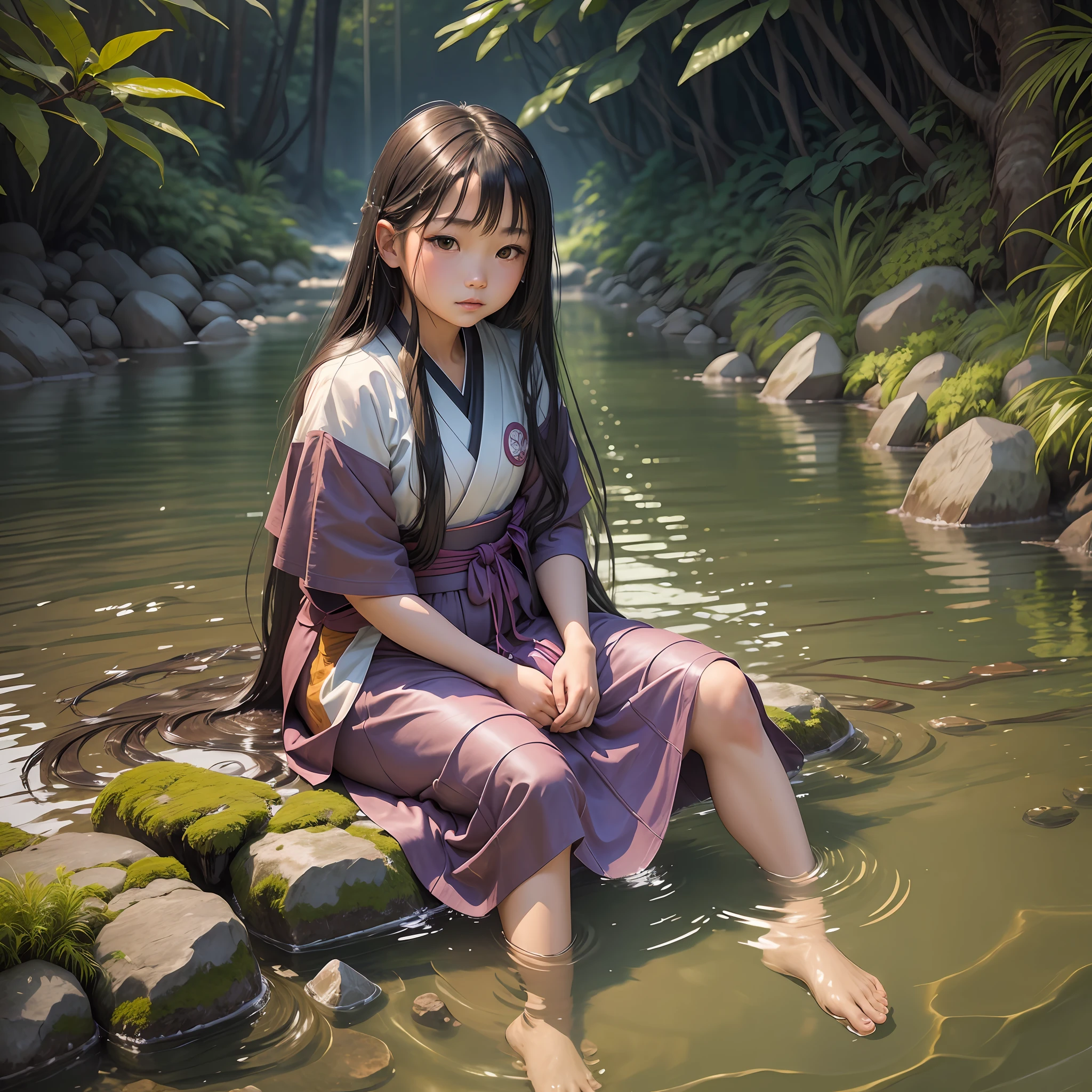 Woman sitting near river with feet dipped in water, young asian girl, young asian girl, young Japan girl, cute young girl, young cute cute girl, standing in shallow river, hyperrealist portrait in river, water, jungle river, Japan age portrait, Asian girl with long hair
2 --auto --s2