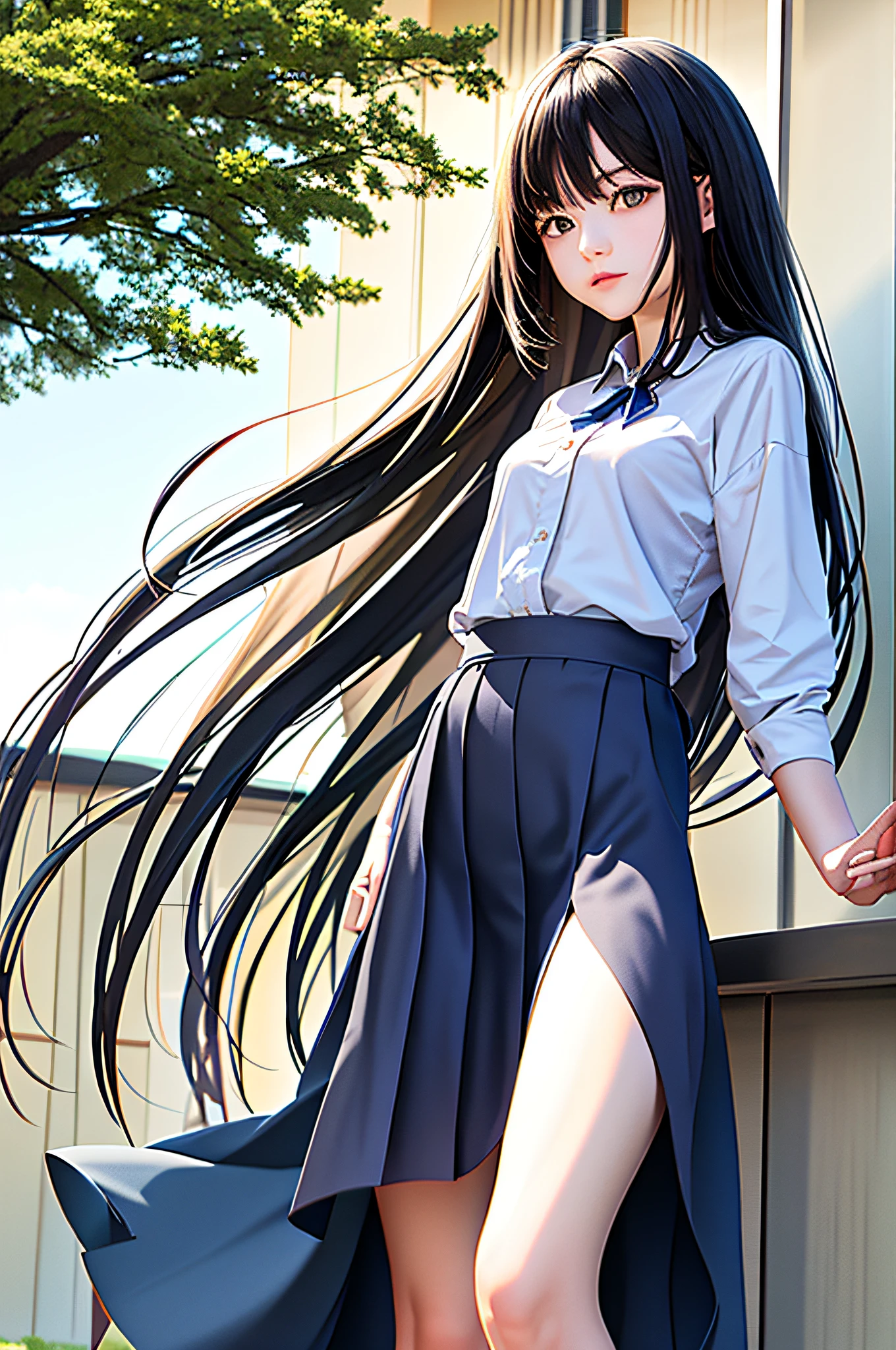 In the campus teaching building on a summer afternoon, the flowing long hair, the girl's side face, the slightly moving skirt, the delicate side face, the hazy artistic conception, and the breath of youth