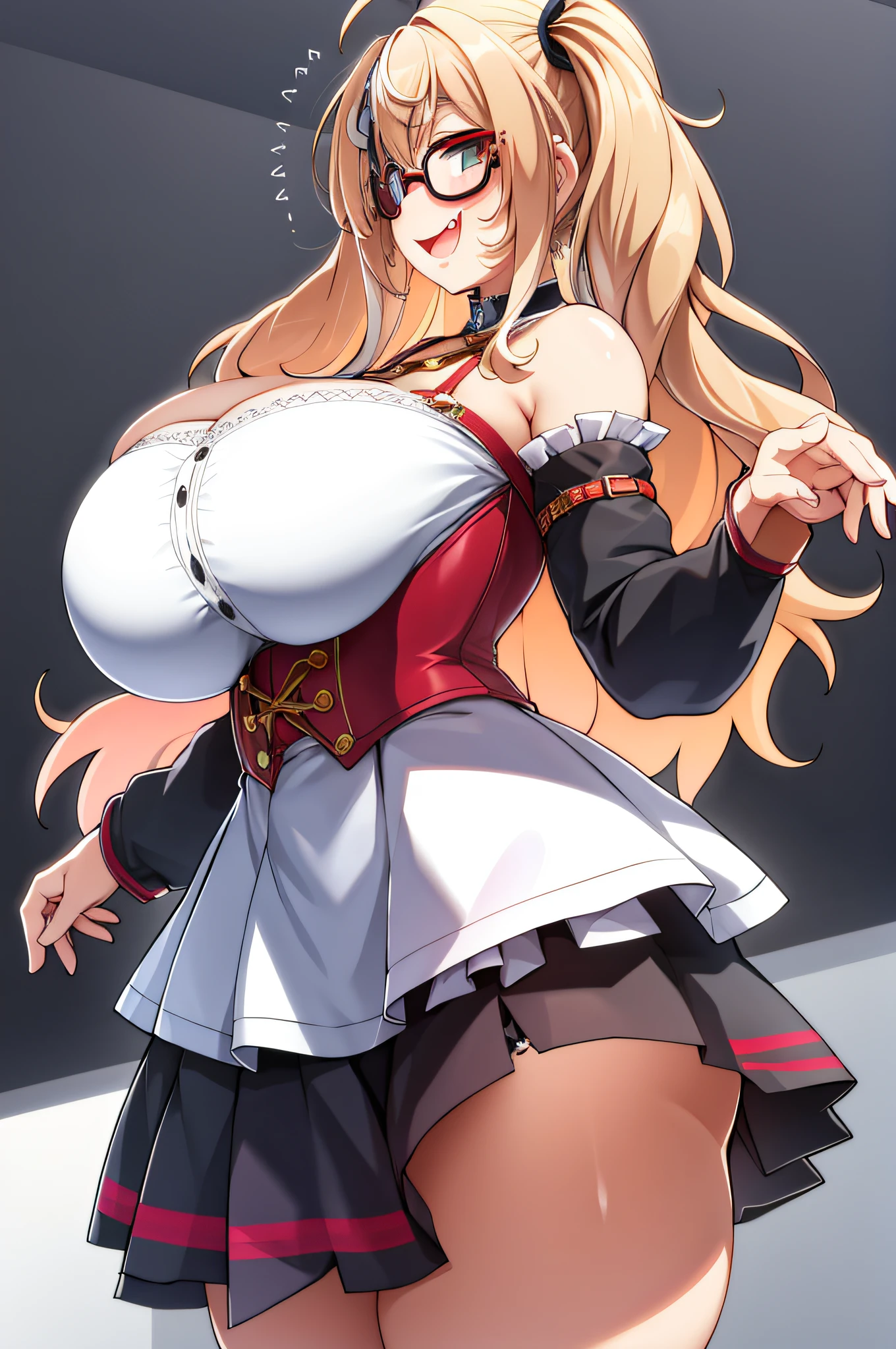 1girl, solo, long hair, glasses, blonde hair, (((giant breasts: 1.3))), large breasts, twin tails, (thighs: 1.2), heavy blush, (thick thighs: 1.3), heavy blush, wide hips, choker, heavy blush, (happy: 1.3), simple background, shiny skin, wet skin, inside, facing the viewer, (cleavage), ((lewd)), best quality, smiling, white dress, open mouth, fang, short skirt, profile,