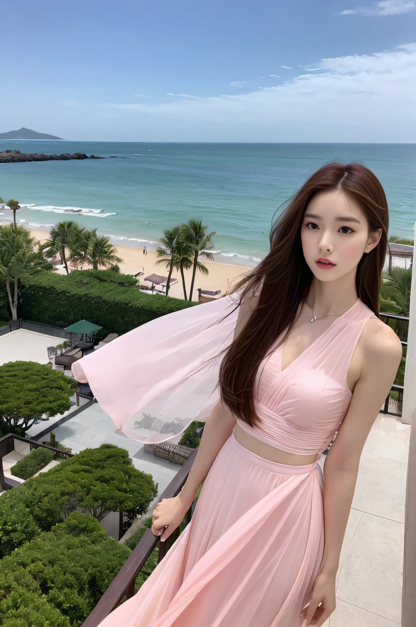 Cinematic landscape photo, 1 woman: 1.2, pale pink transparent dress, long brown hair, super detailed face, slender abs, elegant, sea resort: 1.1,