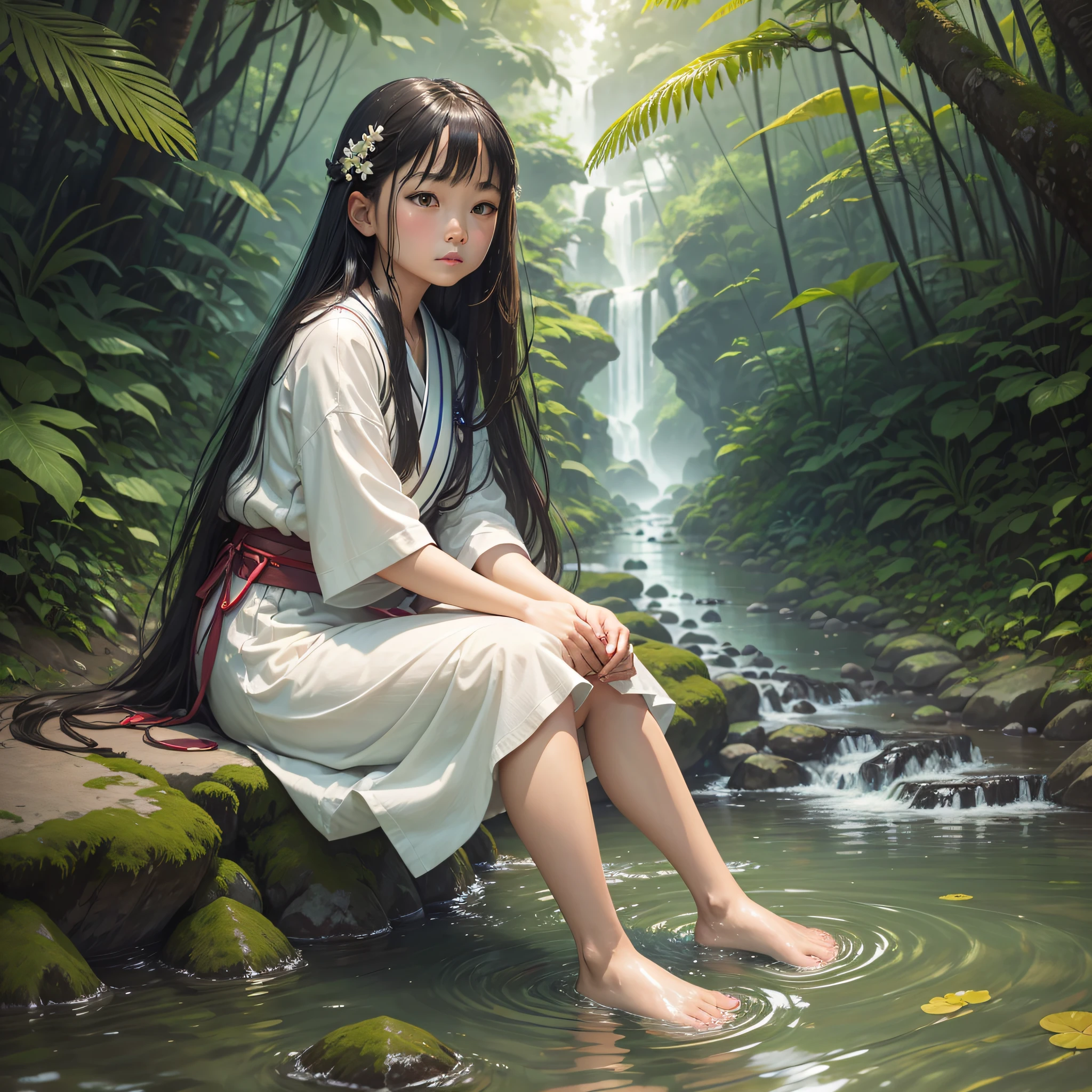Woman sitting near river with feet dipped in water, young asian girl, young asian girl, young Japan girl, cute young girl, young cute cute girl, standing in shallow river, hyperrealist portrait in river, water, jungle river, Japan teenage portrait, Asian girl with long hair
2 --auto --s2