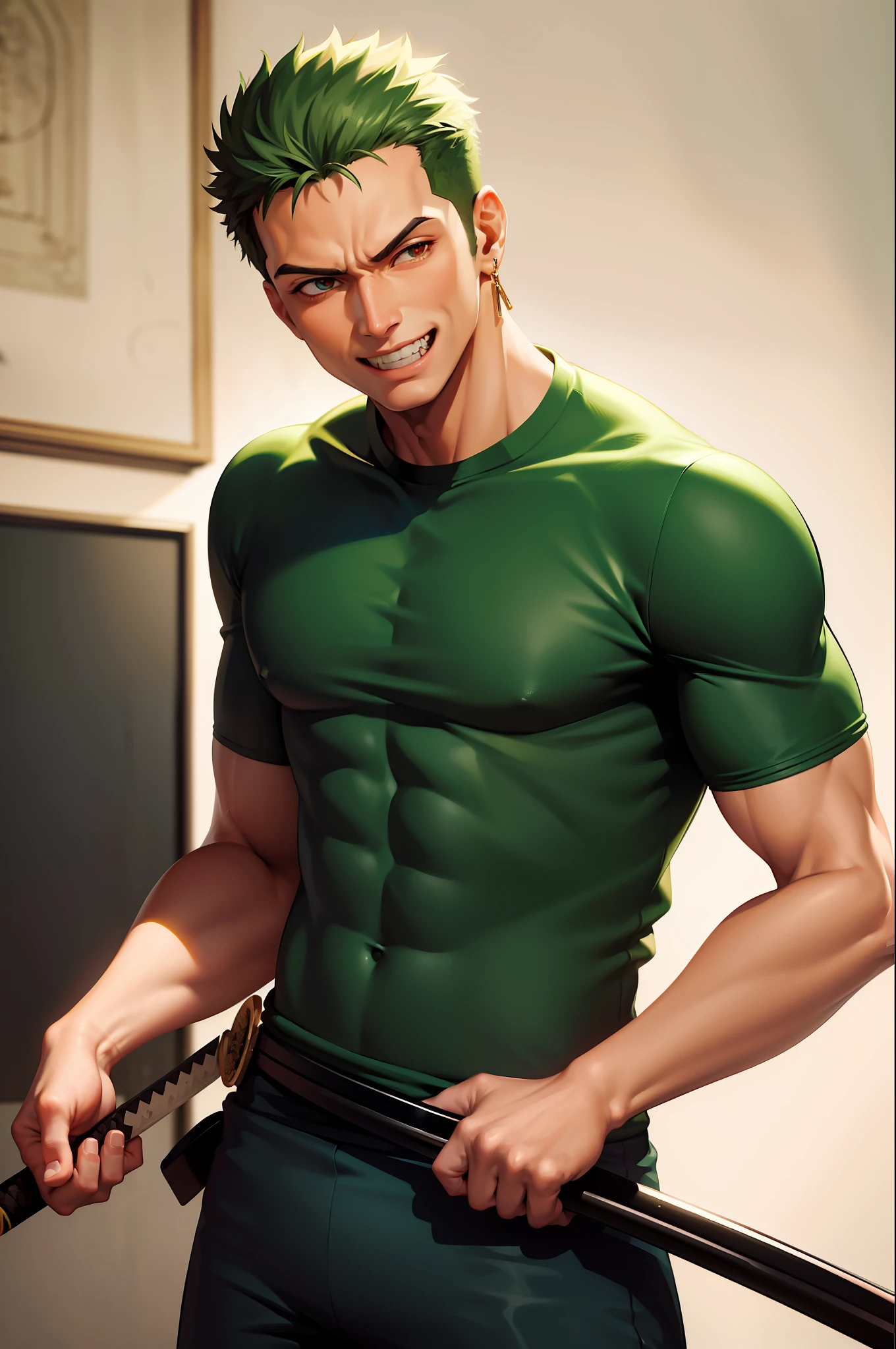(Masterpiece, Best Quality: 1.2), Zoro Man, Solo, Male Focus, 1boy, Roronoa Zoro, Scar, Muscle Man, Grinning, Looking at the Audience, (Dual Holding: 1.2) Katana,