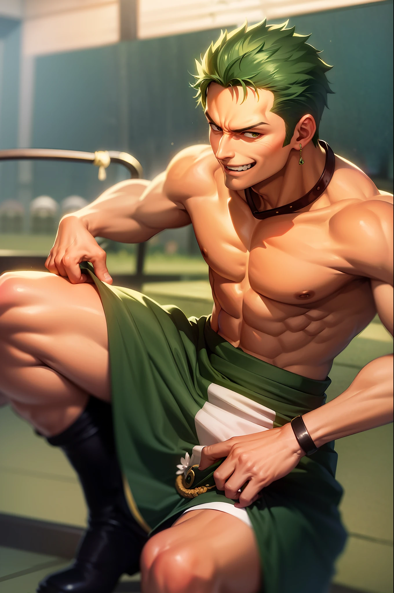 (Masterpiece, Best Quality: 1.2), Zoro Man, Solo, Male Focus, 1boy, Roronoa Zoro, Scar, Muscle Man, Grinning, Looking at the Audience, (Dual Holding: 1.2) Katana,