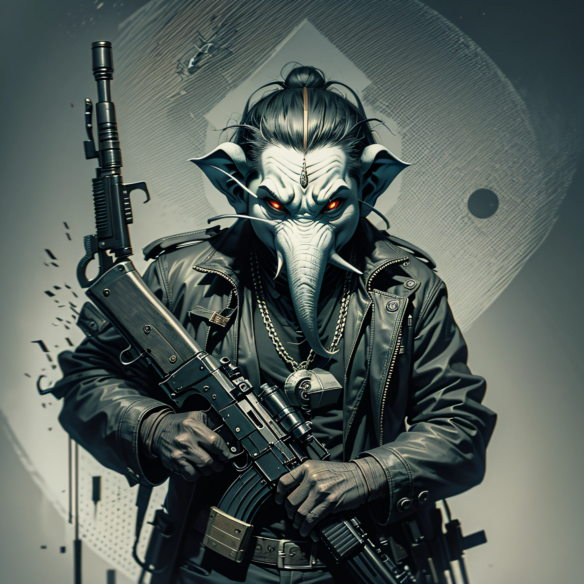 evil gangster ganesha,using ak47,dark art,darkness,obscure,4k --auto --s2