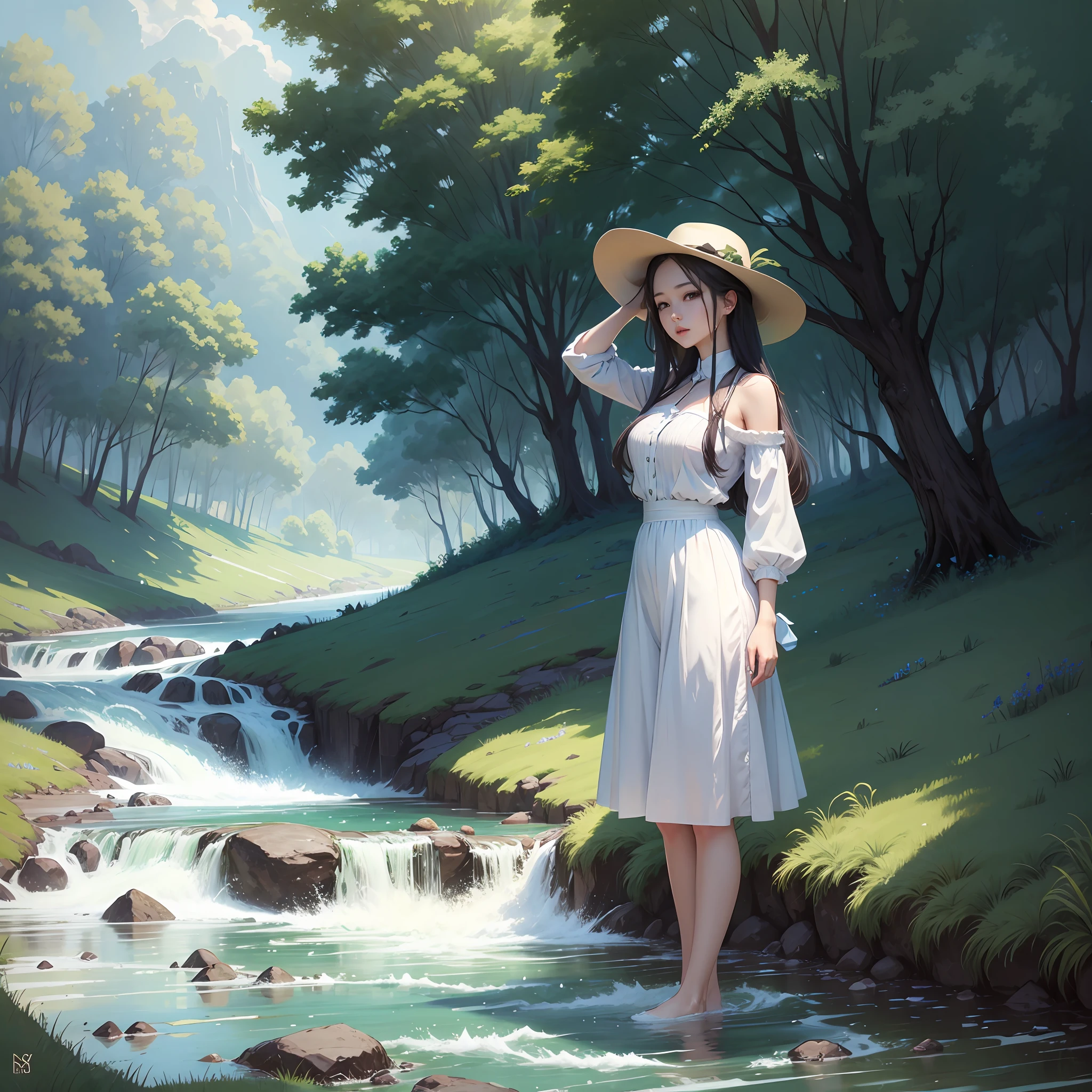 Blue sky, white clouds, green grass, babbling river, slender and beautiful woman. --auto --s2