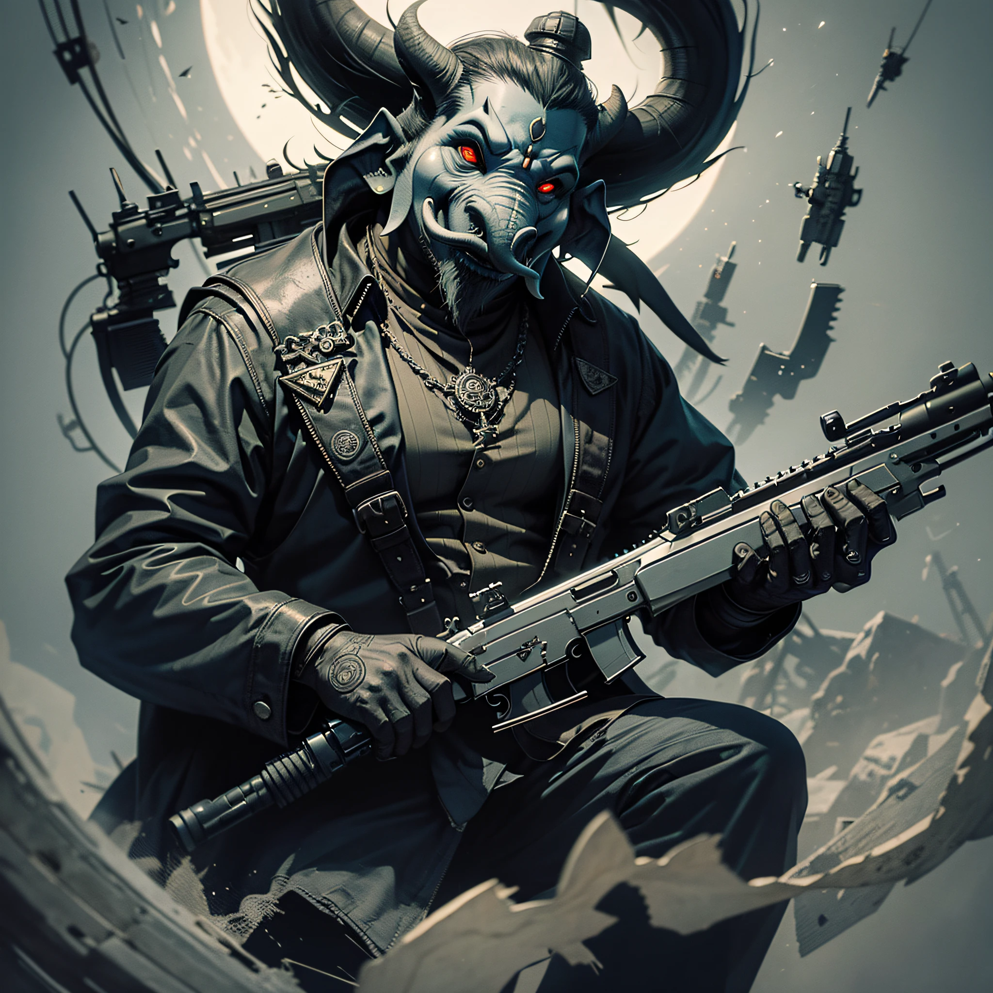 evil gangster ganesha,using ak47,dark art,darkness,obscure,4k --auto --s2