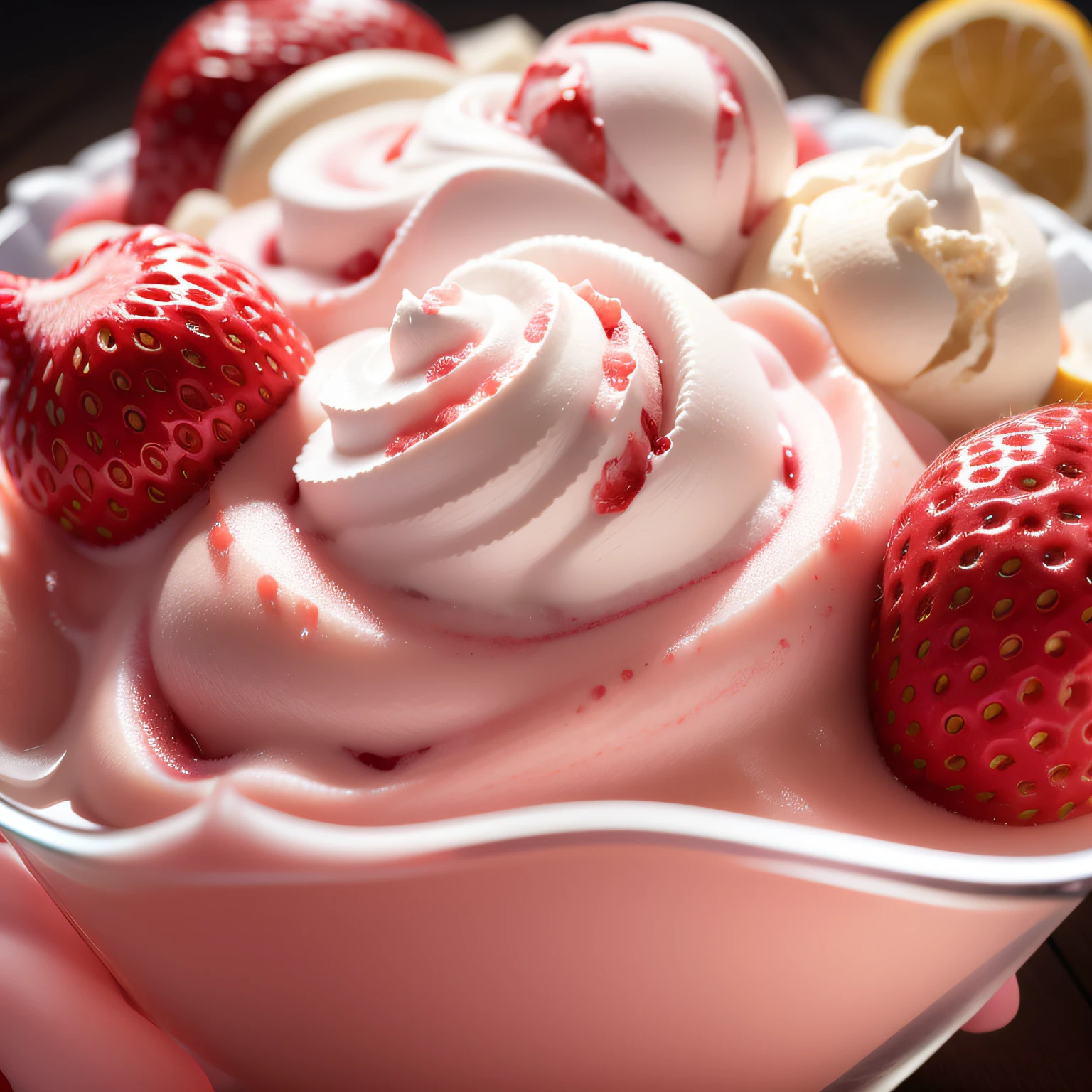 strawberry ice cream sundae, realistic, high detail, complex, sharp focus, 8K, HD, Full HD, Ultra HD, Super Resolution, Mega Pixel, Subsurface scattering, Edge lighting, Edge light, Edge lighting, Edge lighting, Best lighting, refreshing, Lumens reflection, Screen Space Reflection, Post Processing, Post Production, Start Melting Ice Cream, Semi-fluid, Denoising, Shader (Color Fruit Fusion: 0.222) (BRTDRPP:1.122)