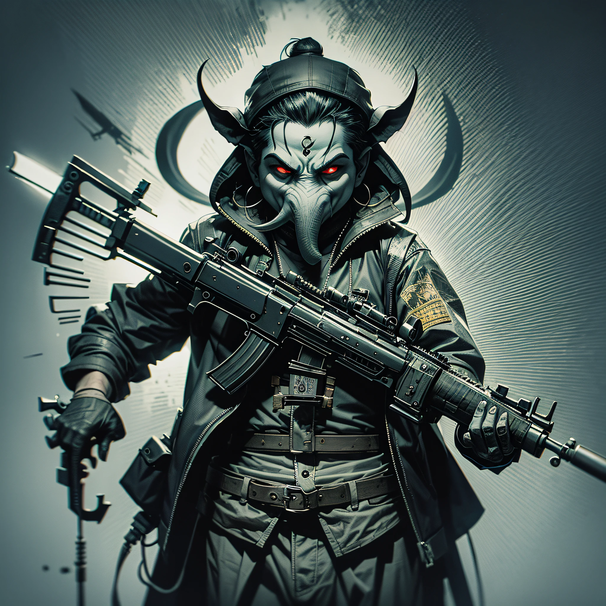 evil gangster ganesha,using ak47,dark art,darkness,obscure,4k --auto --s2