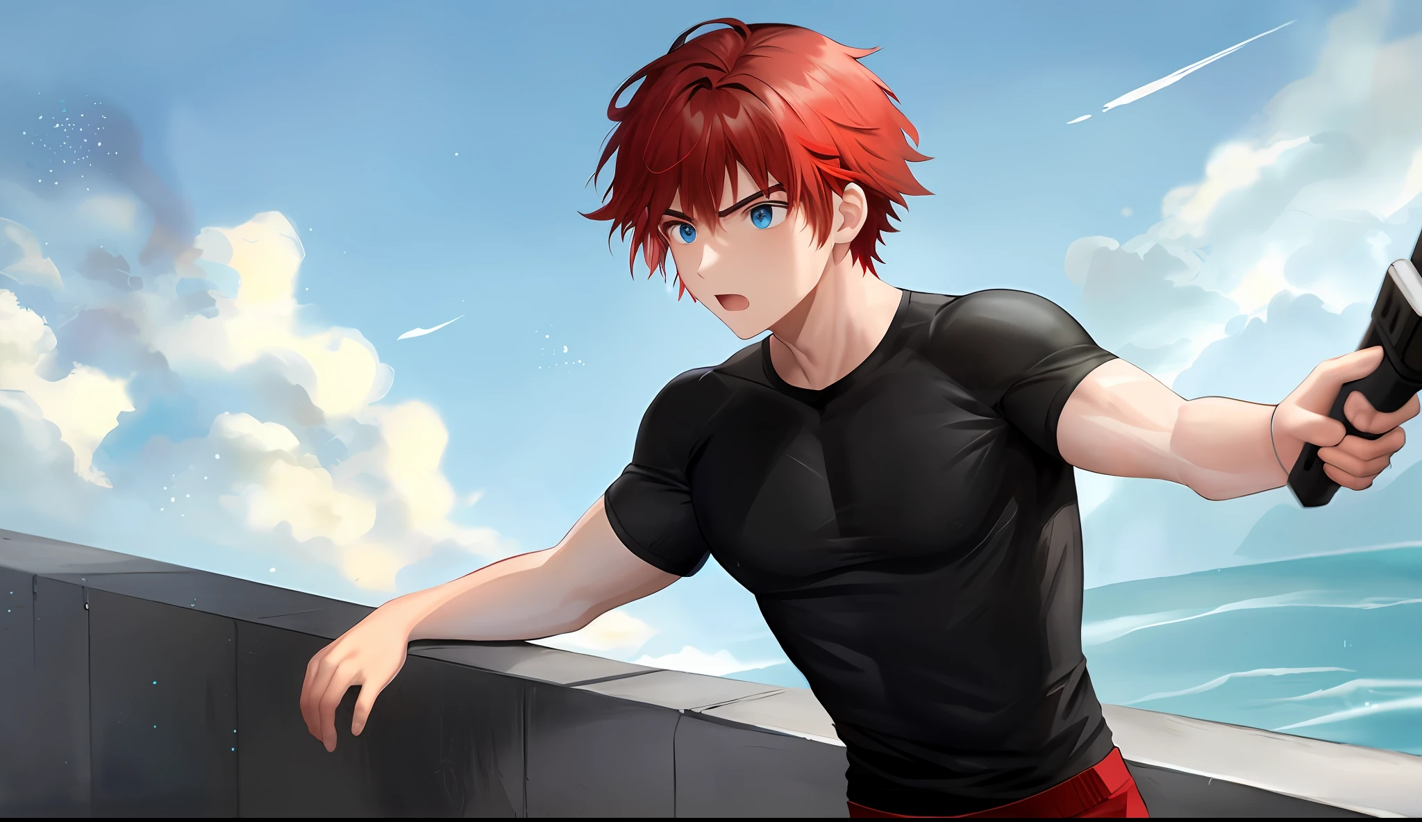 A young boy with white skin, short red hair, anime hair, straight hair, red hair hair, wavy hair, slin body, fitness body, strong body, character flying in the sunny sky, clouds, fierce and blue eyes, black clothes (black shirt and black pants),serious look, lighting, realistic lighting, Radiosity, particle rain, realistic particles, Close UP.