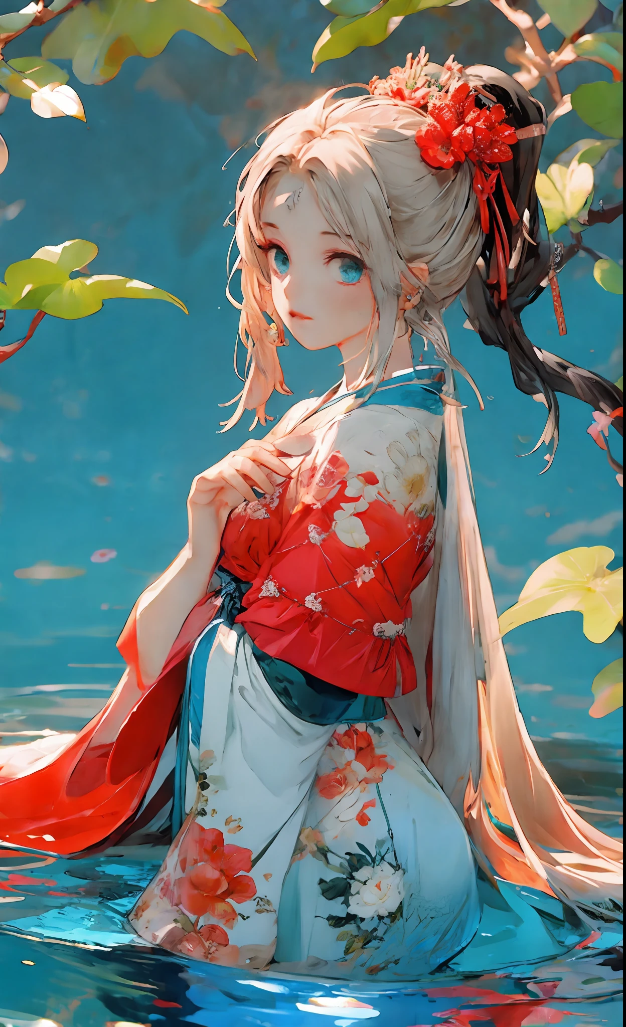 Cold facial features, high nose bridge, slender eyes, hanging eyes, adult female, thirty-year-old female, serious expression, cold, masterpiece, best quality, official art, 8k wallpaper, very detailed, a girl, ancient chinese clothing, full body, sunlight, clear face, clean white background, masterpiece, super detail, epic composition, ultra hd, high quality, extremely detailed, official art, uniform 8k wallpaper, super detail, 32k red pupils, an extremely delicate and beautiful girl, 8k wallpaper, Best quality, full body close-up, white long dress, luxurious silky bright red chiffon flood (illusion, glitter, ultra-thin, soft,) Hanfu illustration, 1 girl, sky blue hair, long hair, detailed eyes, Forrest Gump, bare shoulders, Hanfu, lake, pure, soft smile, bamboo, tea, high quality, masterpiece, masterpiece, exquisite facial features, delicate hair, delicate eyes, delicate colored hair, 4K picture quality, brilliant light and shadow, Tyndall effect, halo, messy hair, youthful state, gorgeous scene, exquisite clothes, chains , feathers, big eyes of ancient Chinese beauties very detailed, digital painting, artstation, concept art, clear focus, illustration, art by Greg Rutkowski and Alphonse Mucha and Victo ngai