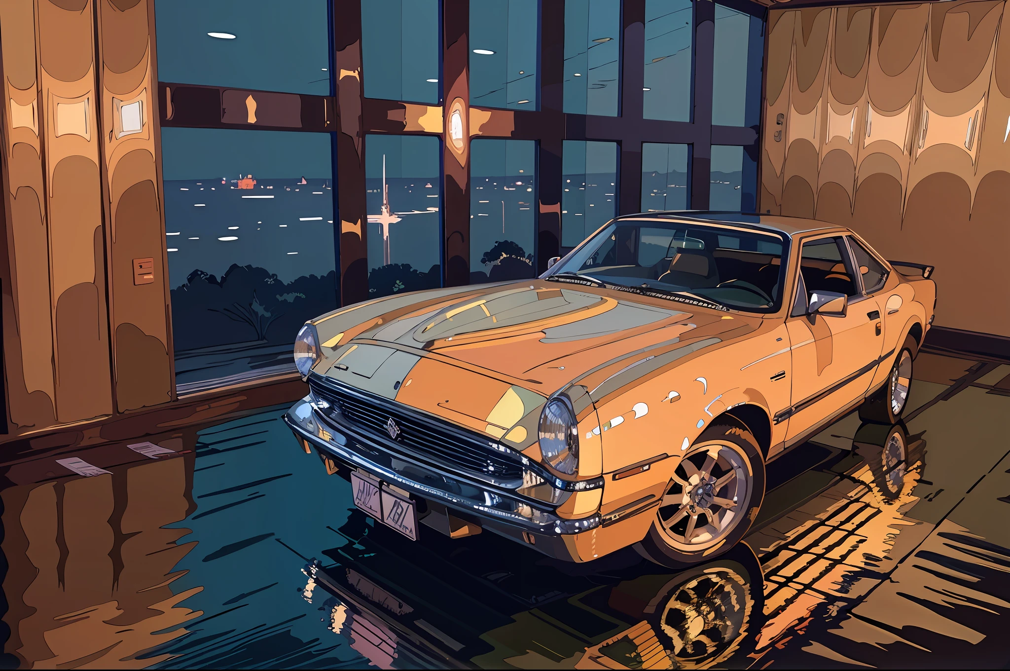 Masterpiece, best quality: 1), official art, extremely detailed CG unity 8k wallpaper, illustration, lighting, car, bright, motor vehicle, ground vehicle, sports car, vehicle focus, wet, interior, night, flat light, garage, auto repair shop, 1990s \(style\)