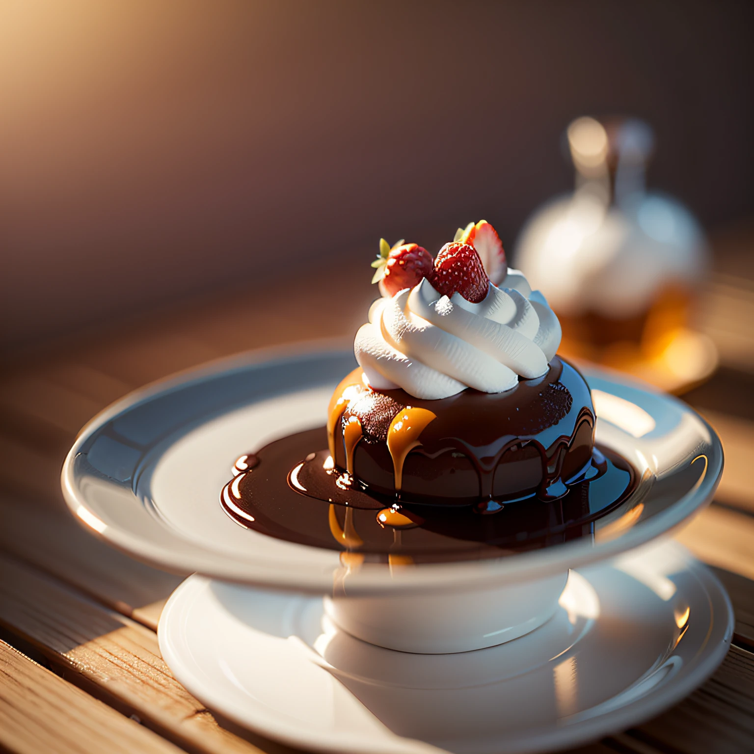 Pudding, (No Humans: 1.1), Masterpiece, Best Quality, Ray Tracing, Tyndall Effect, Depth of Field, Blurred Background, Blurred Foreground, Light Particles, Reflected Light, Edge Light, Bloom Effect,