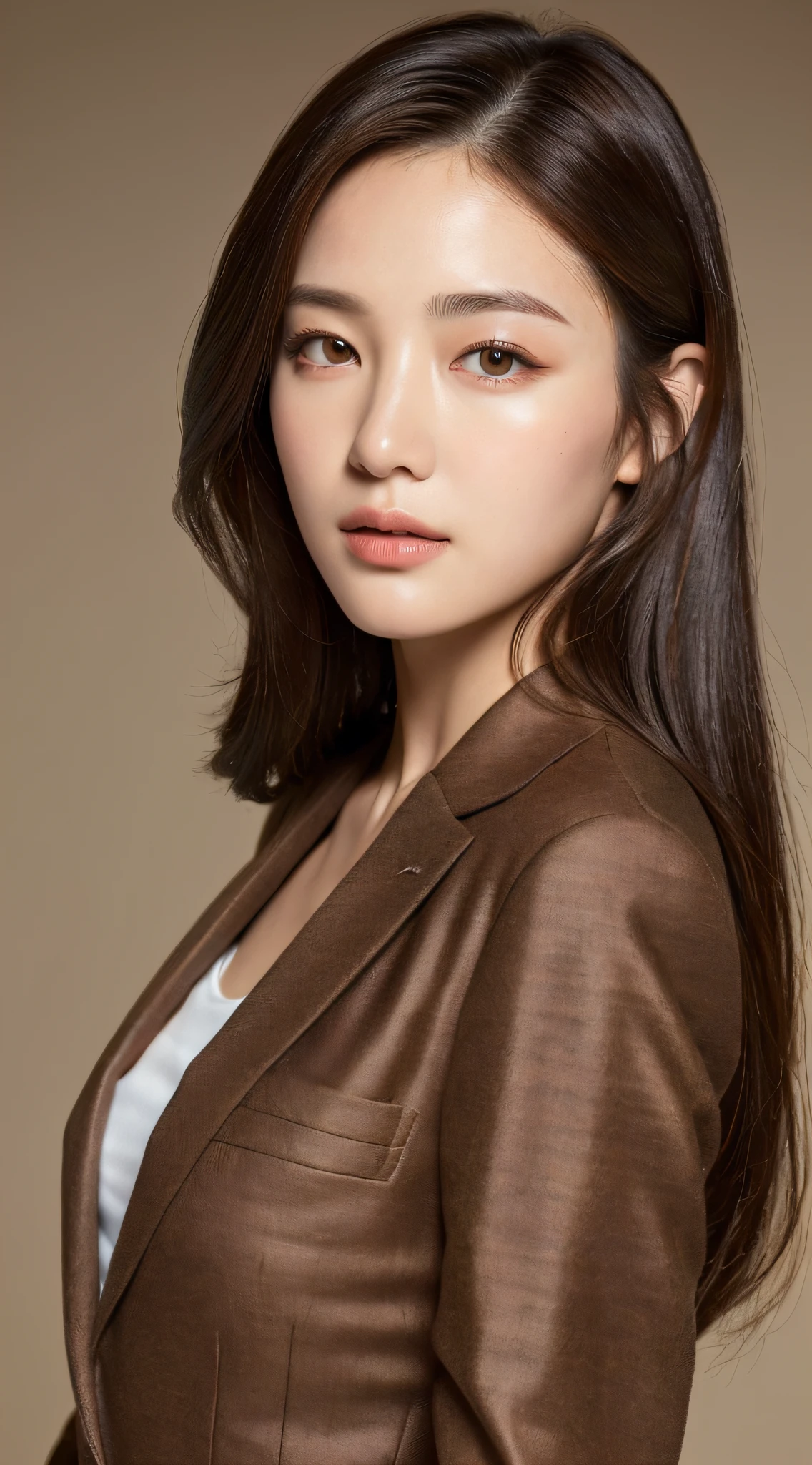 ((top quality, 8k, masterpiece: 1.3)), beautiful woman, 1 woman, slender figure: 1.1, dark brown hair, brown suit, super detailed face, detailed lips, detailed eyes, double eyelids, back figure,