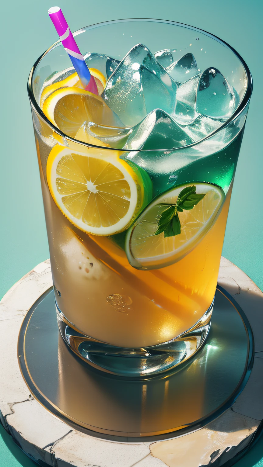 Masterpiece, best quality, (very detailed CG Unity 8k wallpaper), (best quality), (best illustration), (best shadow), drinking a glass of soda on a stone, a soft drink with lemon, mint leaves and bubbles, yellow gradient to blue, very cool, colorful straws, isometric 3D, octane rendering, ray tracing, very detailed