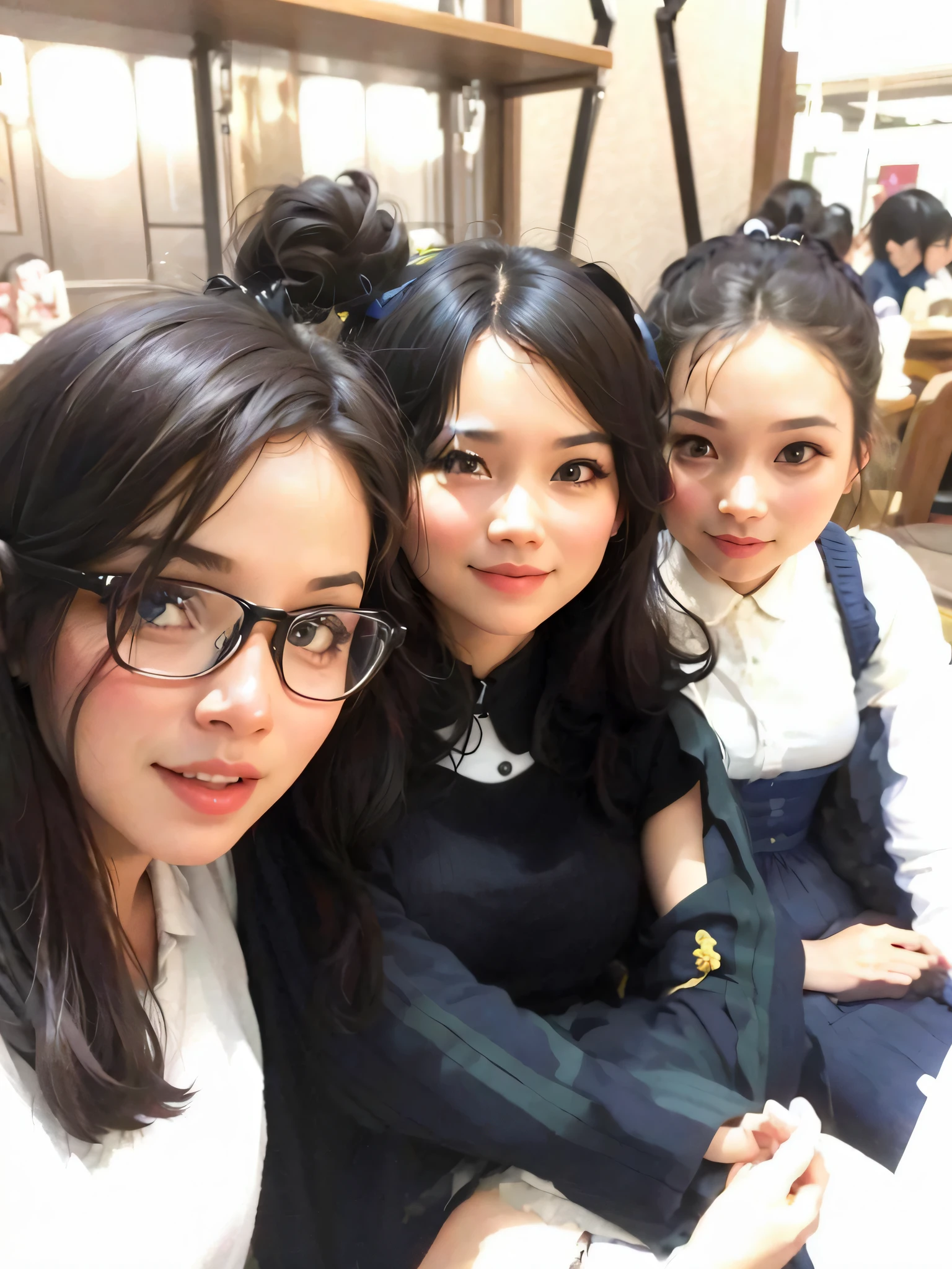 Three women sitting together for a group photo, testimony of friendship, high quality, taken on iPhone, image, Weibo, happy!!!