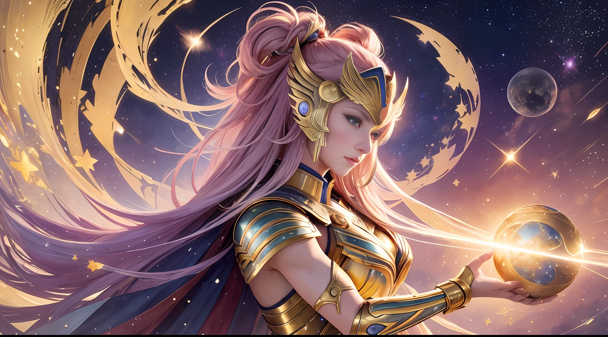 watercolor, best quality, 8K, constellation, Libra, female warrior,  golden armor, microcosm, illusionary space, ideal muscle, indecision, balance, peace and harmony, Venus, gorgeously decorated armor, dynamism, saint fighter seiya,