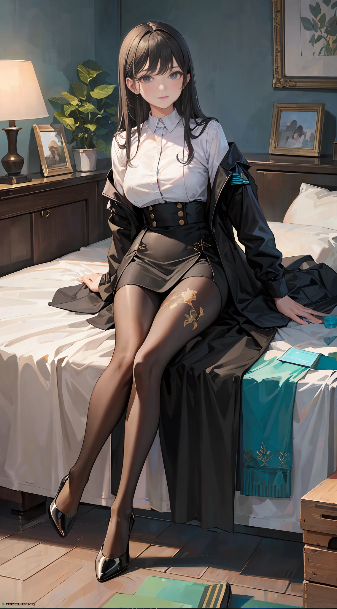 (Masterpiece: 1.2), best quality, high resolution, uniform 8k wallpaper, (illustration: 1), close-up, lower body, pantyhose, black high heels, printed leggings,