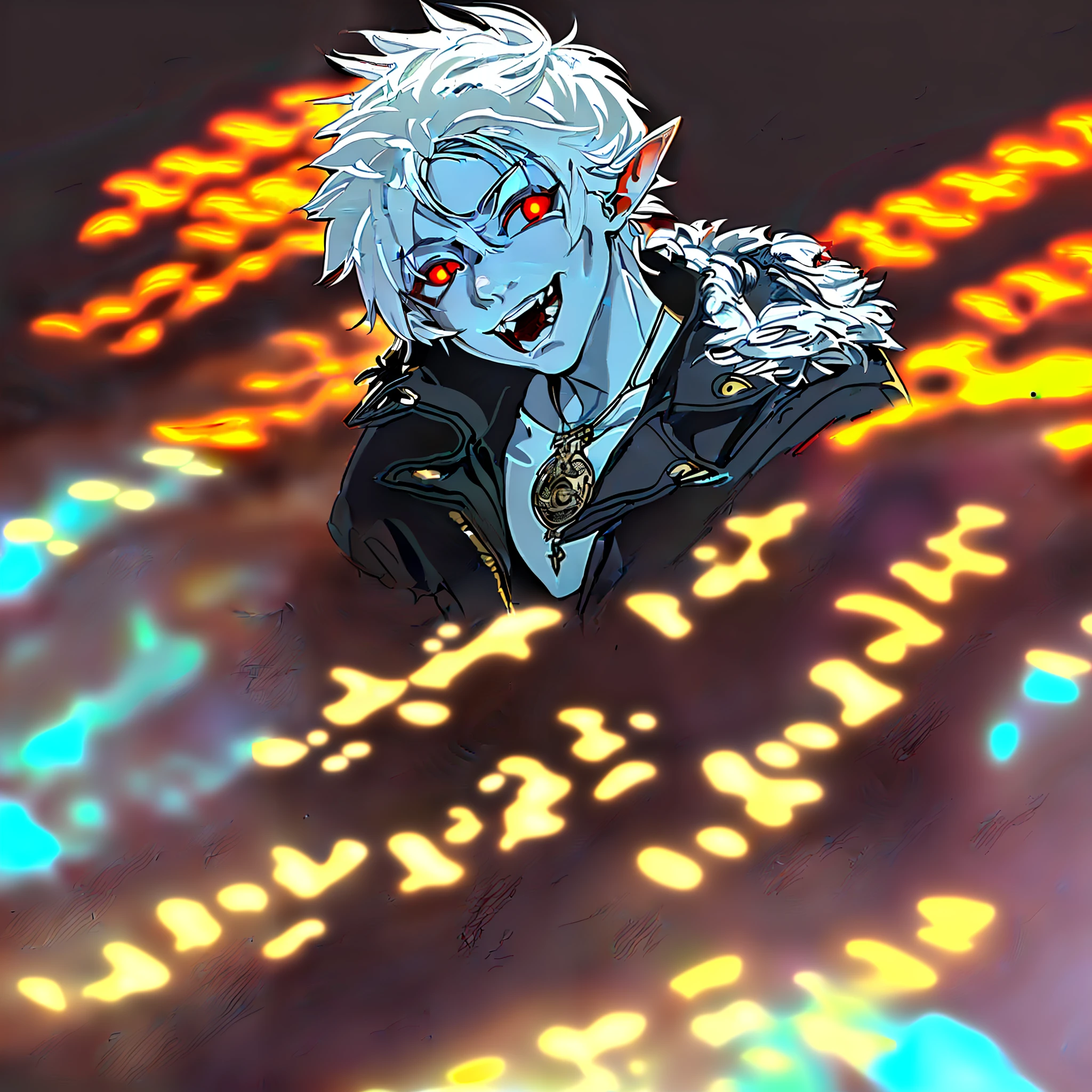 12 year old boy with short white hair, red eyes, glowing eyes surrounded by frost and flames, cyberpunk clothes, maniacal laughter, pointed teeth, elf ears, pointed ears, city background, black trench coat, wearing a golden sun necklace