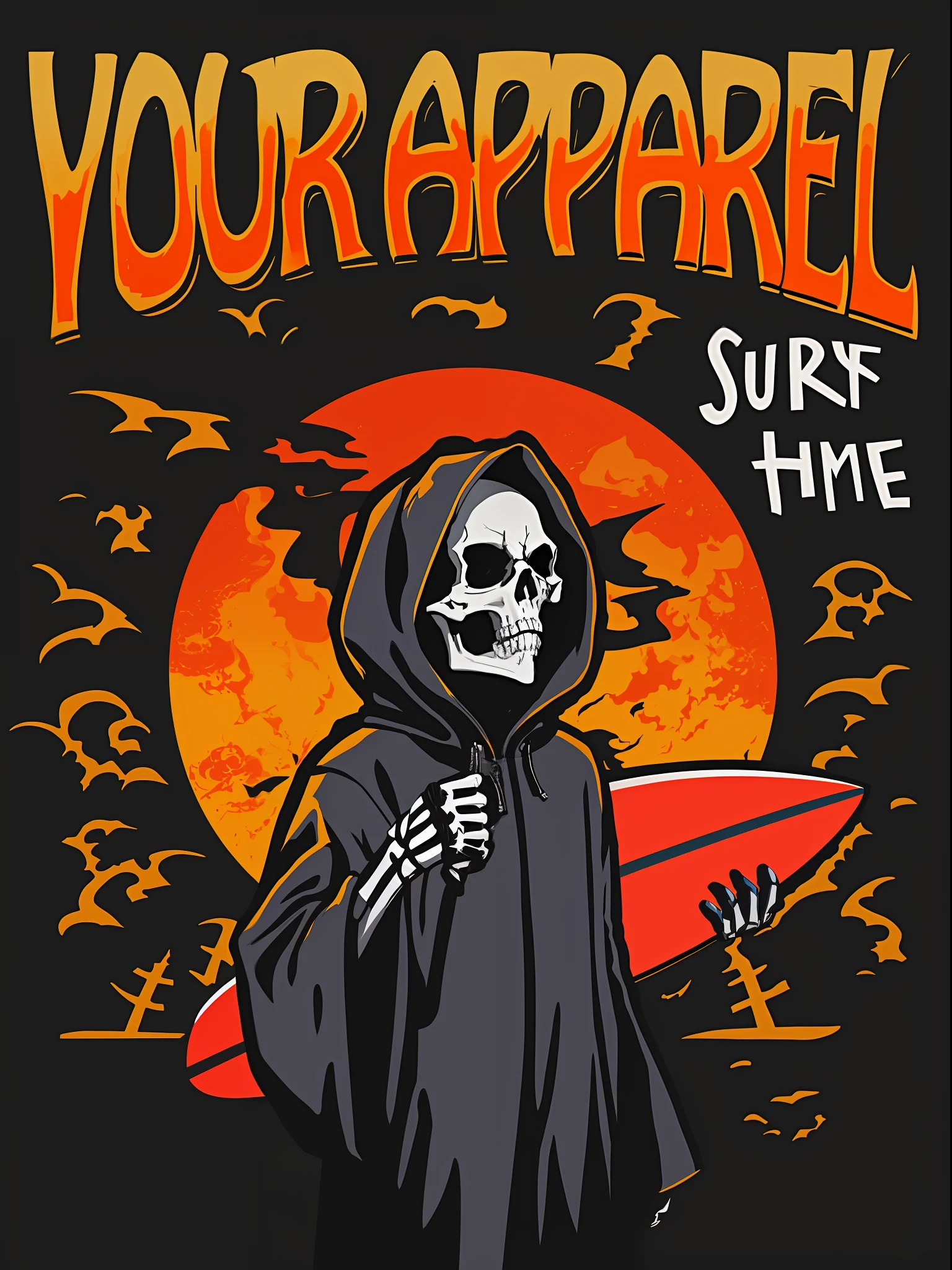 there is a skeleton in a hoodie holding a surfboard, skull design for a rock band, heavy metal tshirt design, punk grim reaper, grim reaper, king of time reaper, hooded skull, your mom, the grim reaper, detailed cover artwork, poster artwork, profile picture 1024px, pop punk art style, reminded me of the grim reaper