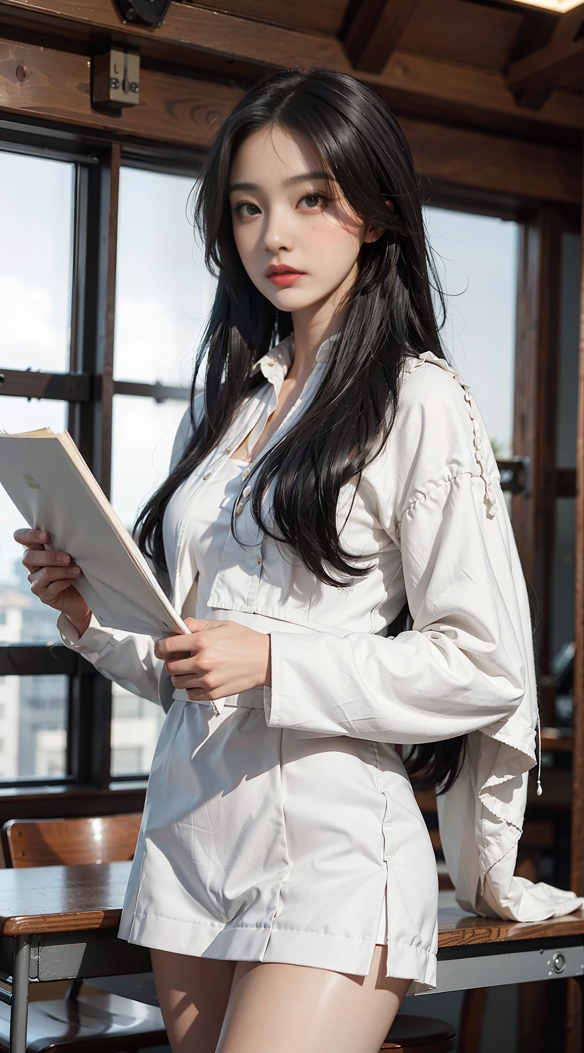 Master work, best image quality, higher quality, high detail, super high resolution, 8K resolution, telephoto lens, full body lens, perfect face, glowing skin, delicate facial features, photo photo, a young and beautiful female teacher, wearing a white shirt, black jacket (uniform), black hip skirt, white high heels, smooth white thighs (glowing thighs), long hair fluttering (shawl long hair), holding documents in two hands, standing alone in the classroom (on the podium)