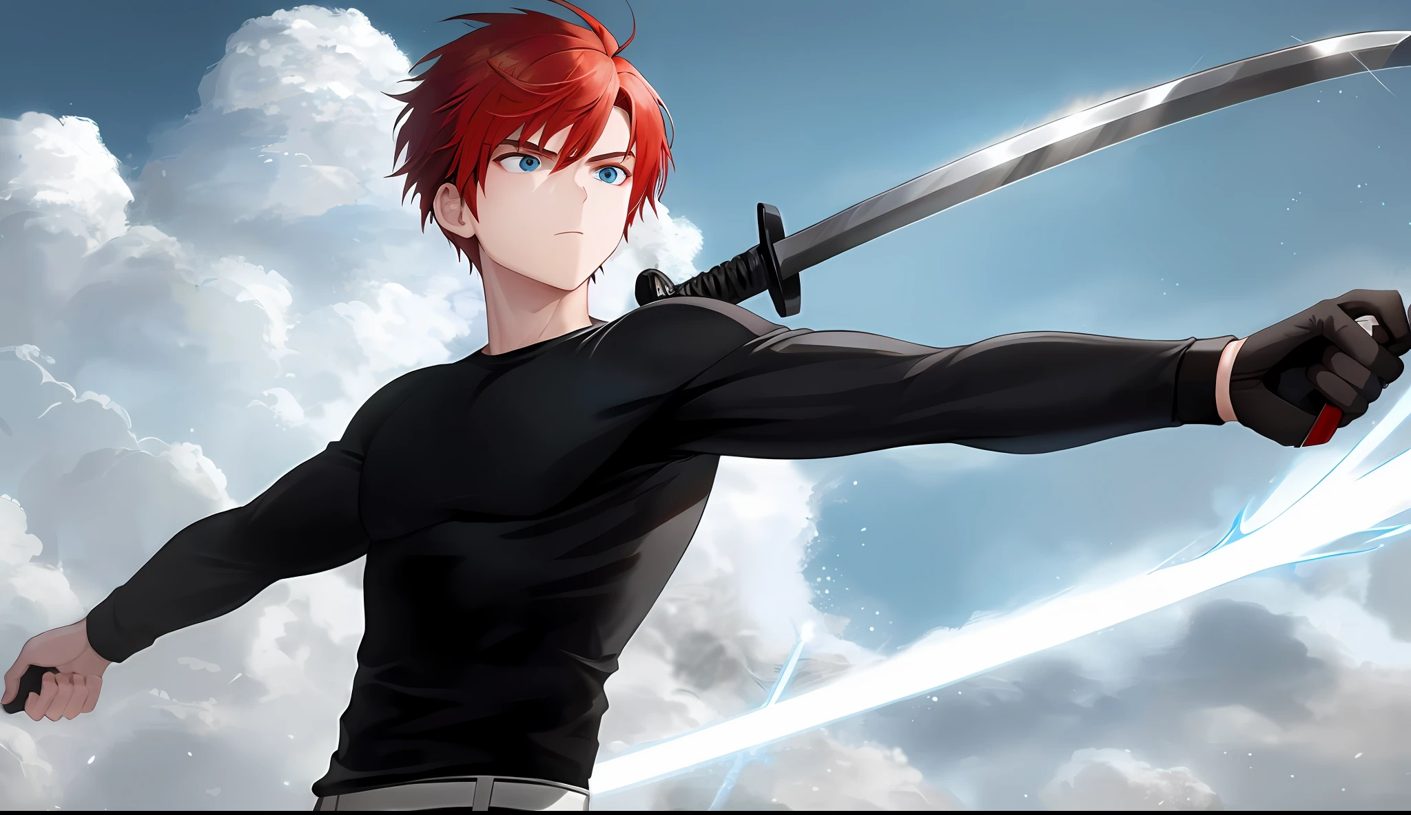 A young boy with white skin, short red hair, anime hair, straight hair, red hair hair, wavy hair, slin body, fitness body, strong body, character flying in sunny sky, clouds, fierce and blue eyes, black clothes (black shirt and black pants),serious look, fighting, with a sword in hand, lighting, realistic lighting, Radiosity, particle rain, Realistic particles, Close UP.