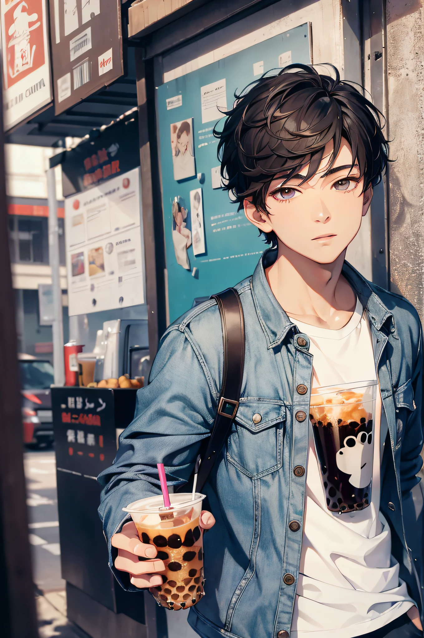 (absurdres, highres, ultra detailed), masterpiece, best quality, a boy with bubble tea, solo, short hair, handsome, finely eye and detailed face, casual clothes, real shadow,