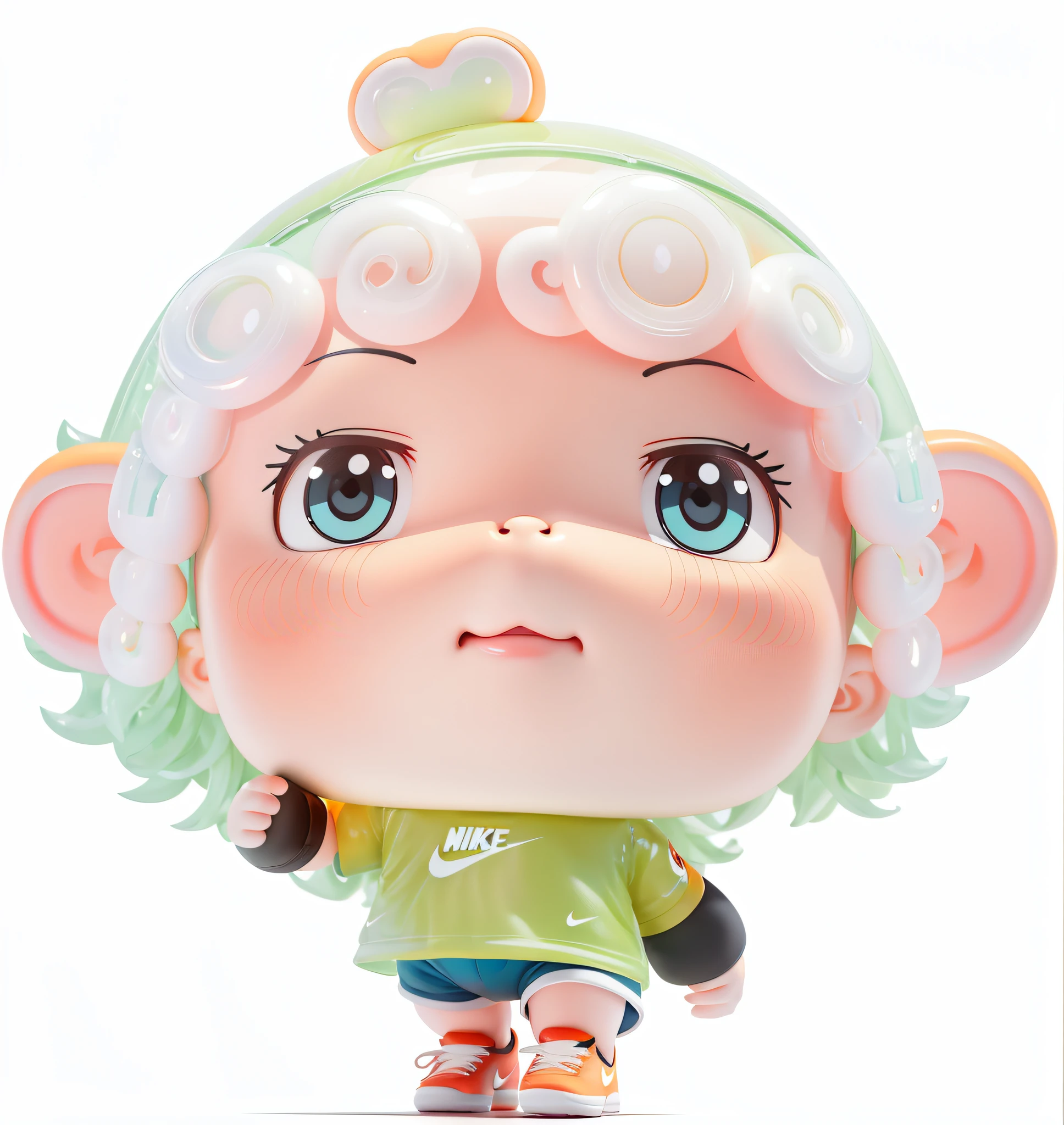 Masterpiece, best quality, smooth lines, rounded body, ultra-detailed, monkey, orange short sleeves, transparent plastic, jelly style, nike, colorful reflections, comics