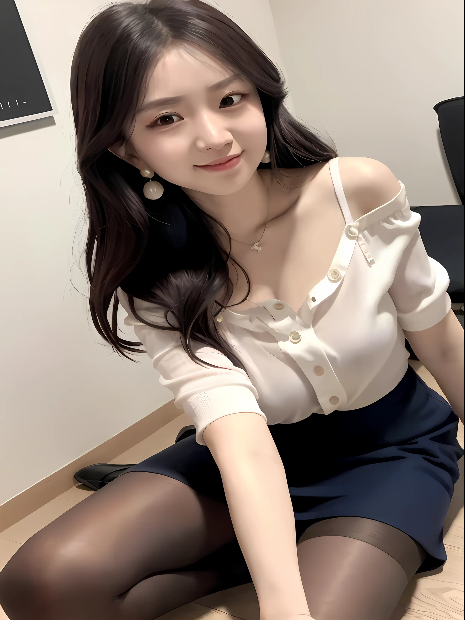 araffed asian woman sitting on the floor in a white blouse and black skirt, reluvy5213, sakimichan, 奈良美智, gorgeous lady, smooth white tight clothes suit, 中 元 节, cute beautiful, lovely woman, handsome girl, sakimi chan, sha xi, white top