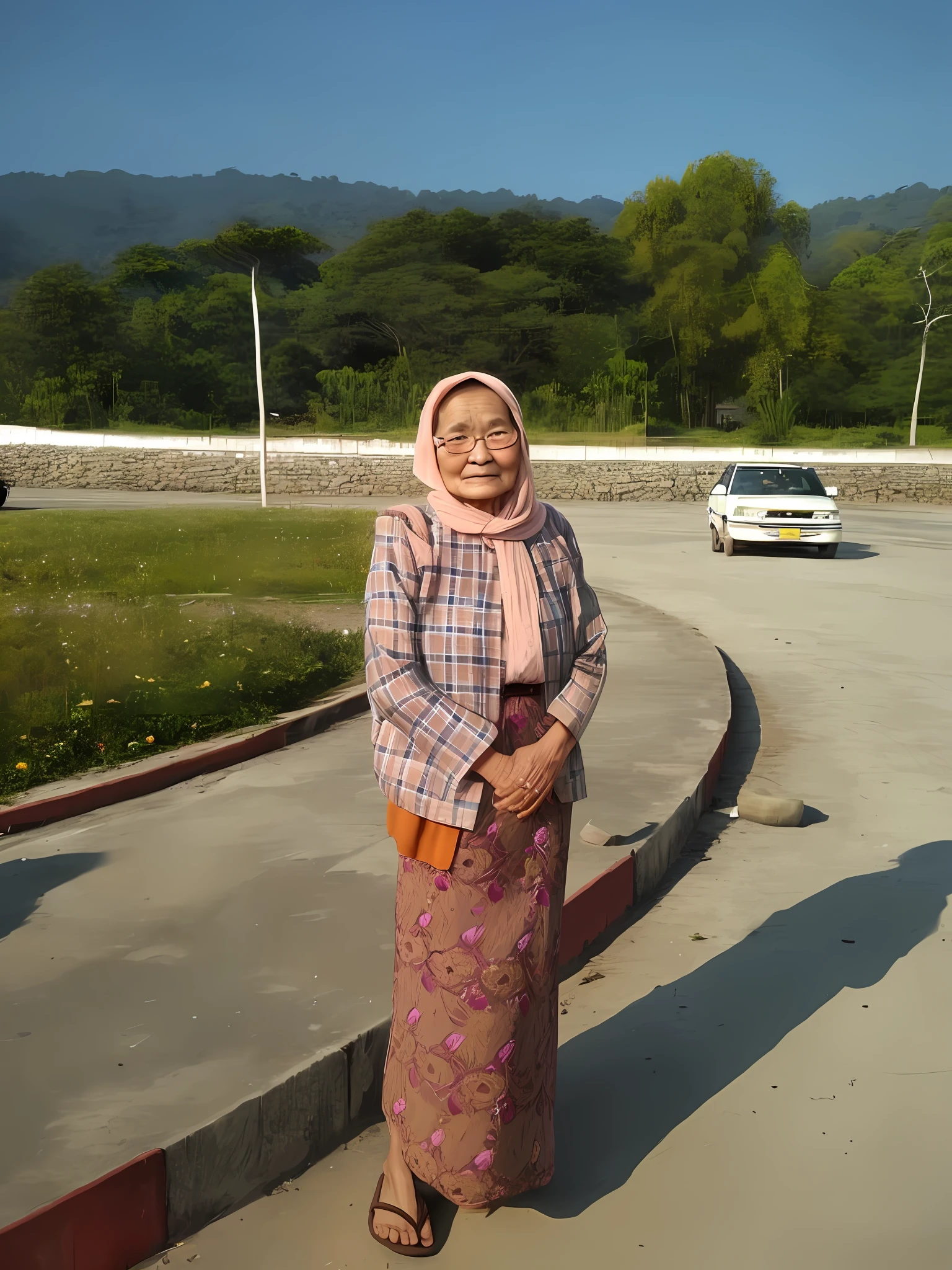 80 years old Myanmar women, standing in fronts of Kalay University, wearing glasses, wearing Myanmar transitional clothes , wearing the slippers