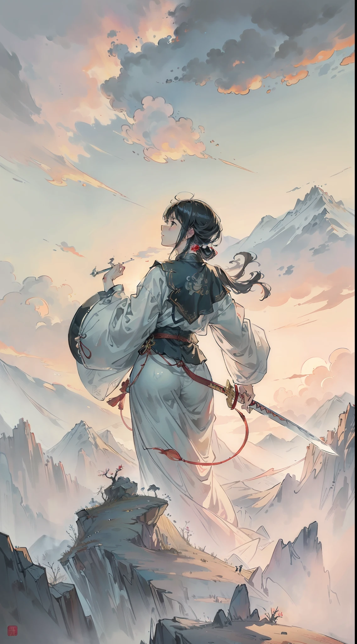 (RAW Photo, Best Quality), (Realistic, Photo Realistic: 1.3), Extremely Refined and Beautiful, Amazing, Fine Detail, Masterpiece, Ultra Detail, High Resolution, (Best Illustration), (Best Shadow), Intricate, A beautiful female Taoist priest stands on the top of a cloud-shrouded mountain, with her right hand raised obliquely, holding a sword in her hand, from behind, fighting a Chinese dragon, (dragon: 1.4), clouds, mountains, storms, sunsets, (from below: 1.4), clear focus, volumetric fog, 8k ultra hd, DSLR, High quality, (film grain: 1.4), Fujifilm XT3,