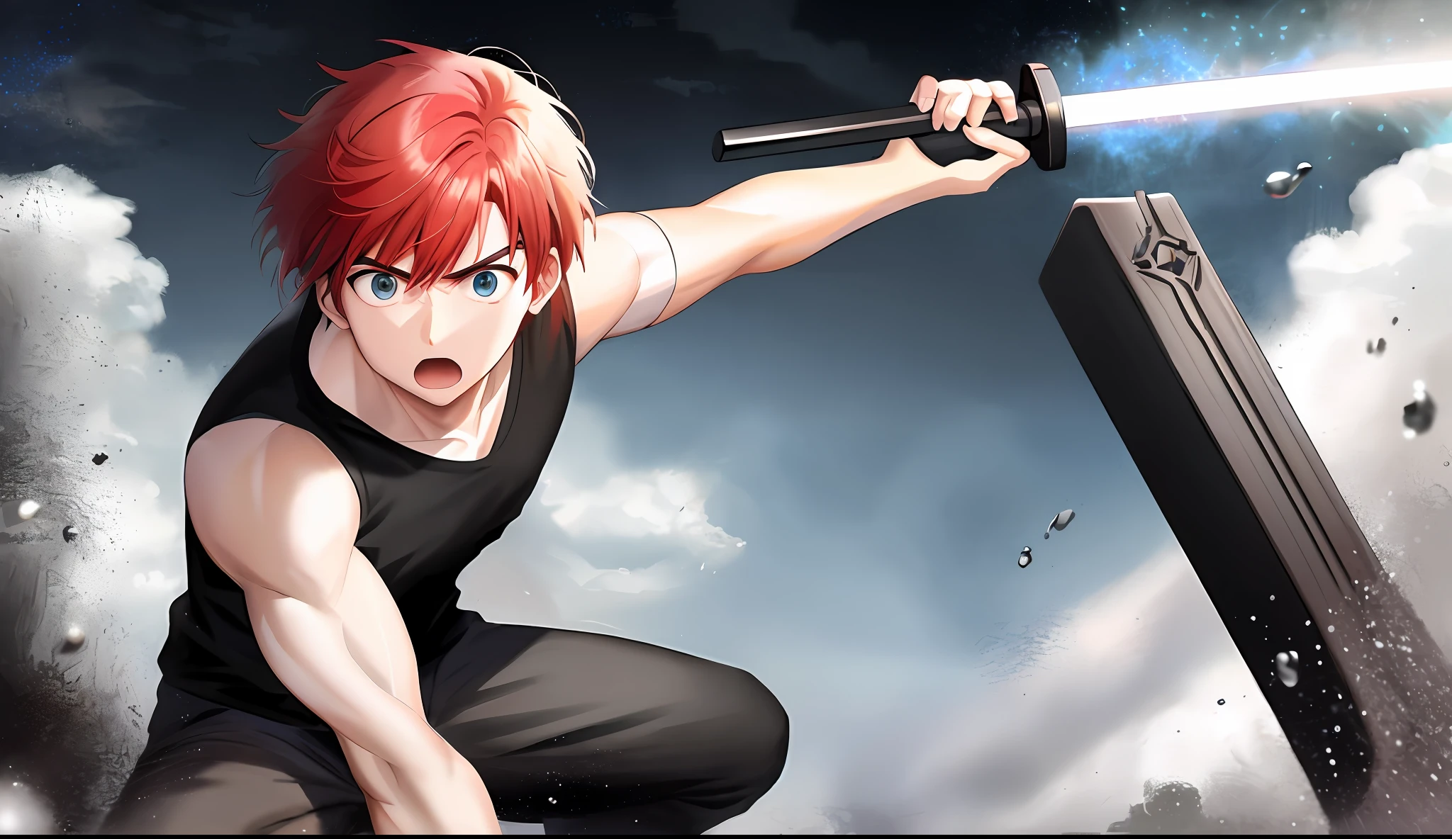A young boy with white skin, short red hair, anime hair, straight hair, red hair hair, wavy hair, slin body, fitness body, strong body, crouching and bleeding, raining, clouds, fierce and blue eyes, black clothes (black shirt and black pants),serious look, fighting, with a sword in hand, lighting, realistic lighting, Radiosity, particle rain, realistic particles,  Close UP.