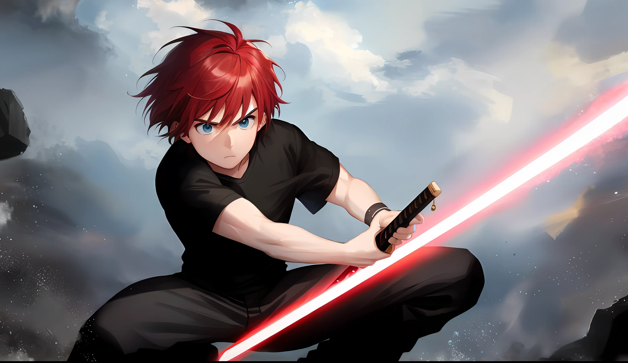 A young boy with white skin, short red hair, anime hair, straight hair, red hair hair, wavy hair, slin body, fitness body, strong body, crouching and bleeding, raining, clouds, fierce and blue eyes, black clothes (black shirt and black pants),serious look, fighting, with a sword in hand, lighting, realistic lighting, Radiosity, particle rain, realistic particles,  Close UP.